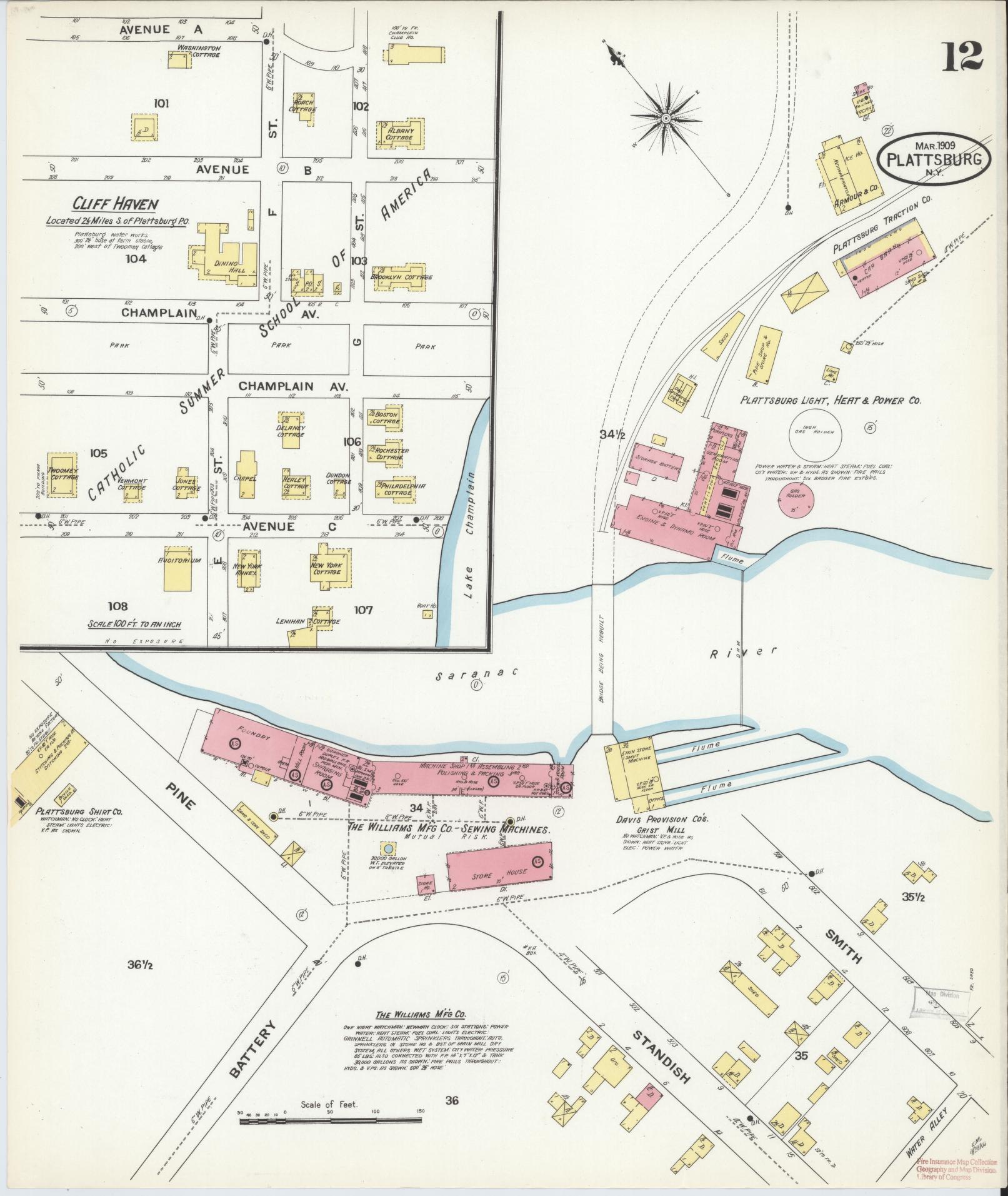 Sanborn Fire Insurance Map from Plattsburg, Clinton County, New York (1909), Sheet #0011 - Historic Sanborn Fire Insurance Map Print, vintage old map wall art, antique decor, genealogy gift, New York New York map