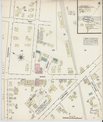 Sanborn Fire Insurance Map from Franklin, Norfolk County, Massachusetts (1884), Sheet #0003 - Historic Sanborn Fire Insurance Map Print, vintage old map wall art, antique decor, genealogy gift, Massachusetts Massachusetts map