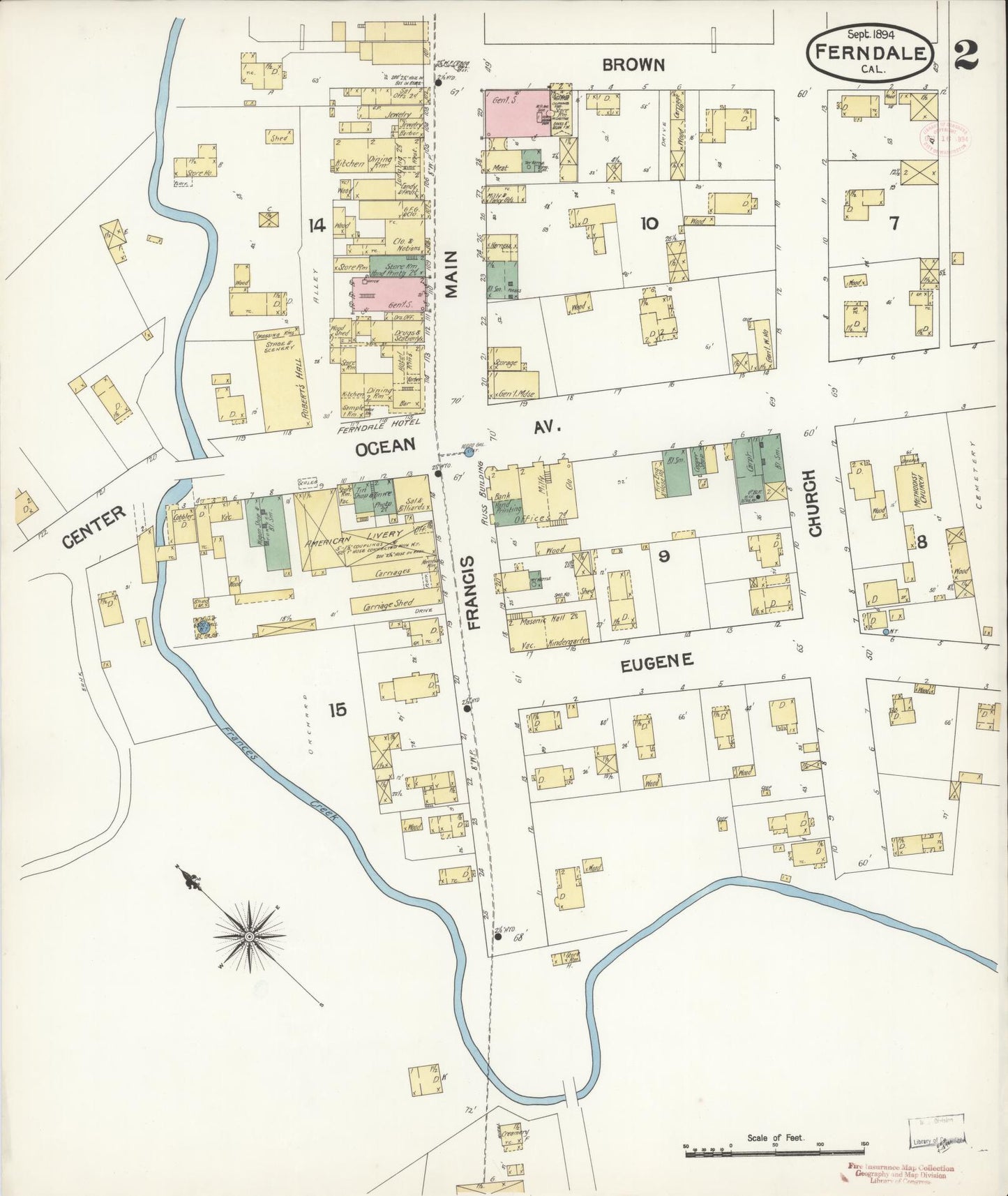 Sanborn Fire Insurance Map from Ferndale, Humboldt County, California (1894), Sheet #0002 - Historic Sanborn Fire Insurance Map Print, vintage old map wall art, antique decor, genealogy gift, California California map