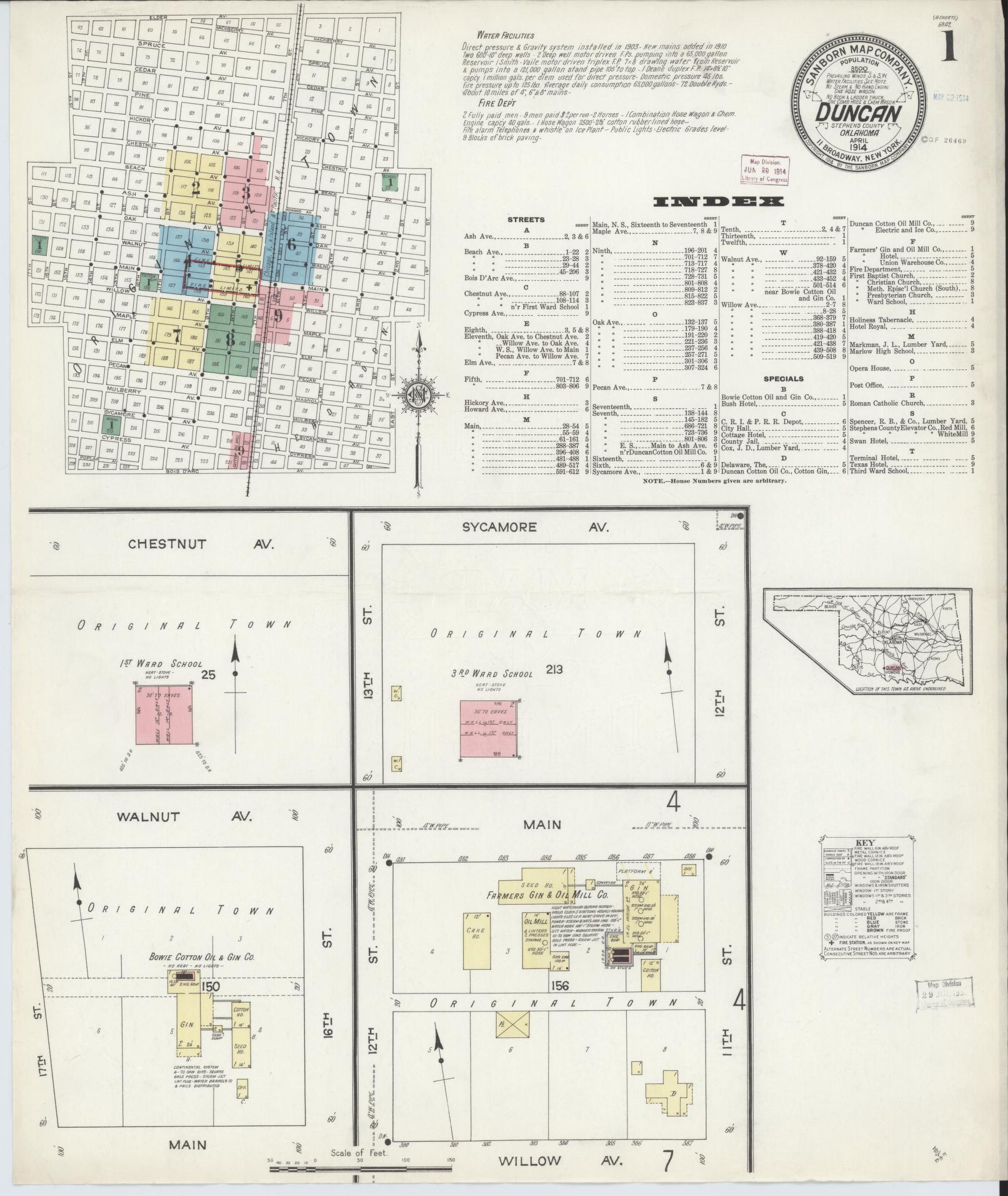 Sanborn Fire Insurance Map from Duncan, Stephens County, Oklahoma (1914), Sheet #0001 - Historic Sanborn Fire Insurance Map Print, vintage old map wall art, antique decor, genealogy gift, Oklahoma Oklahoma map