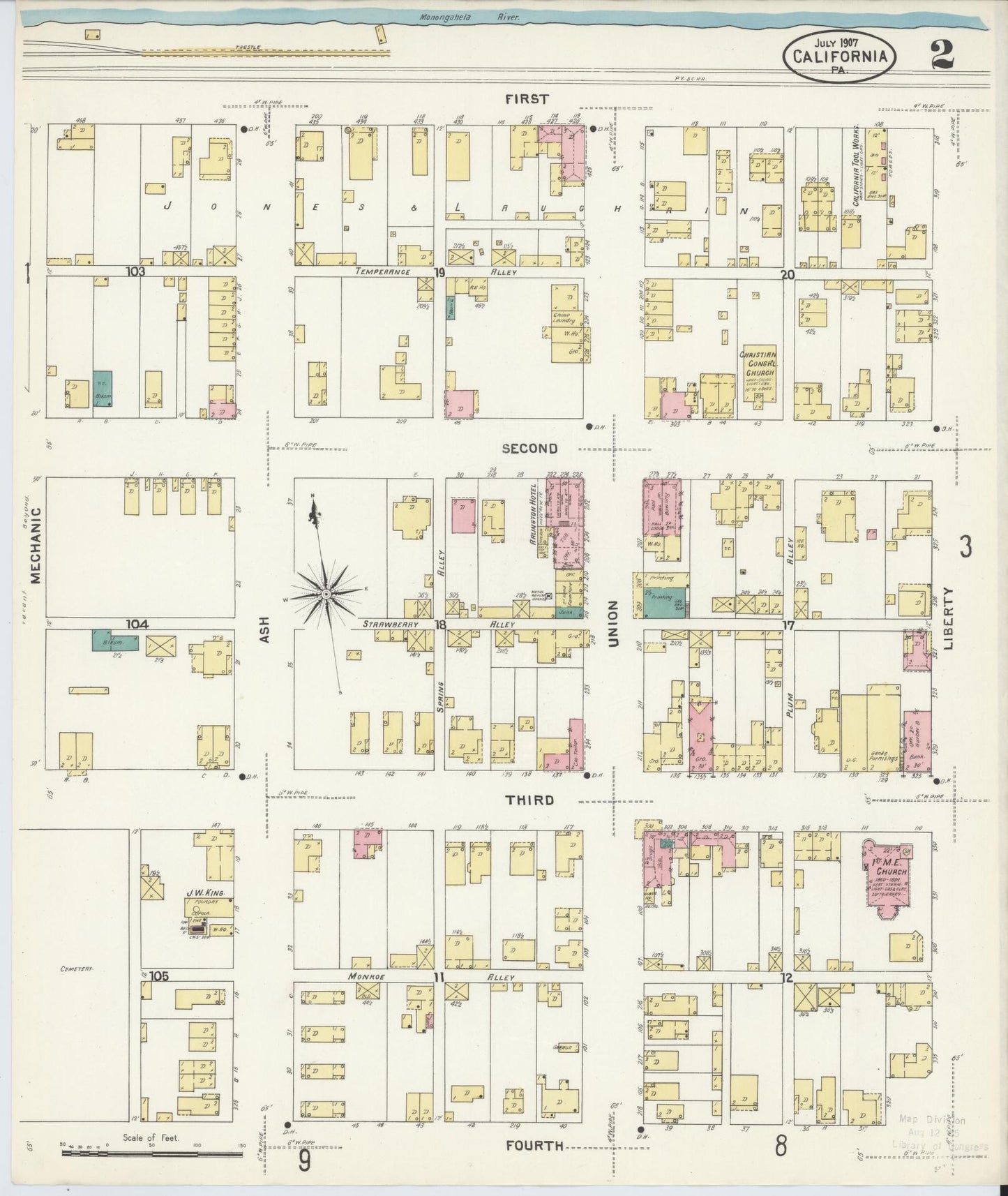 Sanborn Fire Insurance Map from California, Washington County, Pennsylvania (1907), Sheet #0002 - Complete Map Set gallery image, historic Sanborn map, vintage wall art, California California