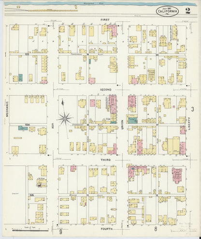 Sanborn Fire Insurance Map from California, Washington County, Pennsylvania (1907), Sheet #0002 - Complete Map Set gallery image, historic Sanborn map, vintage wall art, California California