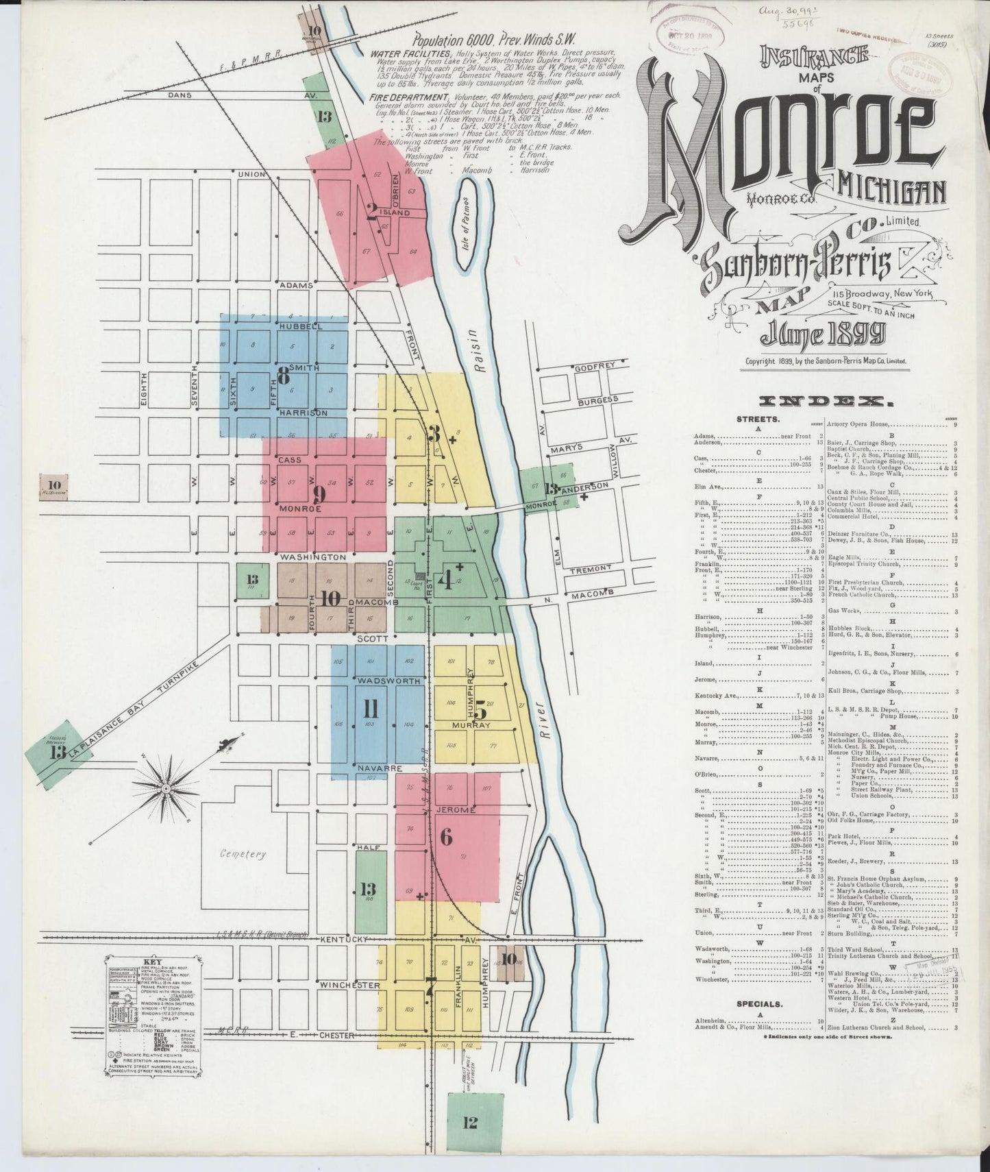 Sanborn Fire Insurance Map from Monroe, Monroe County, Michigan (1899), Sheet #0001 - Complete Map Set gallery image, historic Sanborn map, vintage wall art, Michigan Michigan