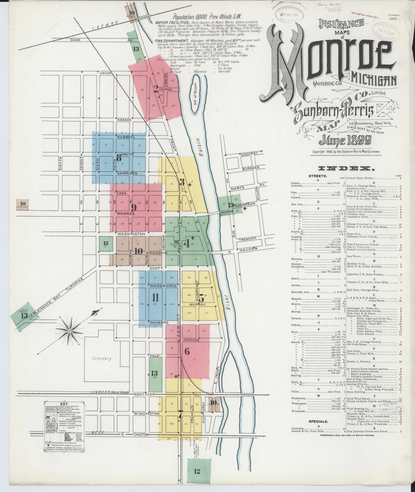 Sanborn Fire Insurance Map from Monroe, Monroe County, Michigan (1899), Sheet #0001 - Complete Map Set gallery image, historic Sanborn map, vintage wall art, Michigan Michigan