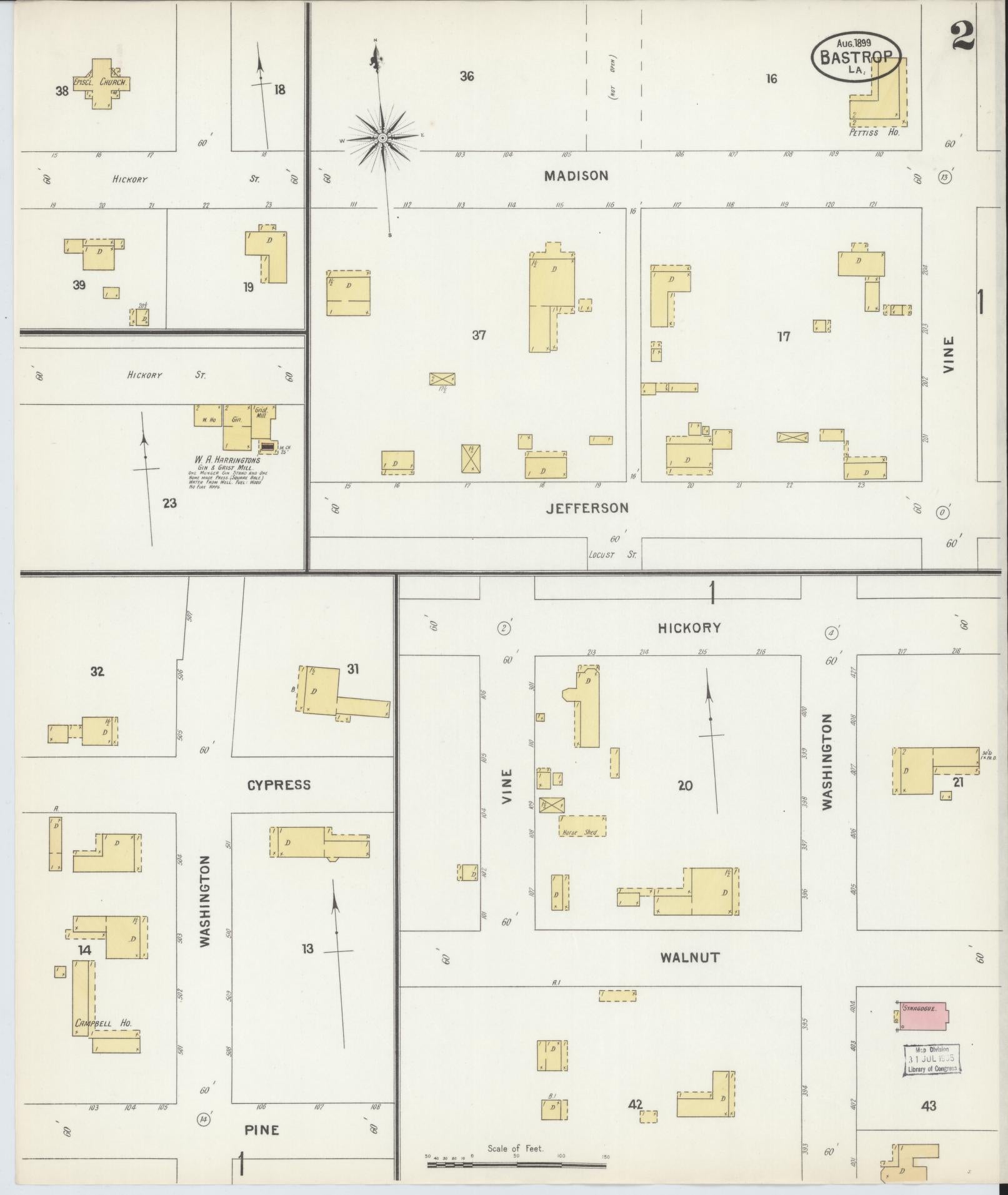 Sanborn Fire Insurance Map from Bastrop, Morehouse Parish, Louisiana (1899), Sheet #0002 - Historic Sanborn Fire Insurance Map Print, vintage old map wall art, antique decor, genealogy gift, Louisiana Louisiana map