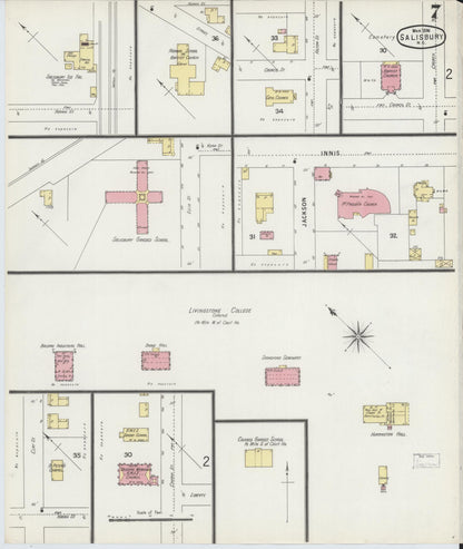 Sanborn Fire Insurance Map from Salisbury, Rowan County, North Carolina (1896), Sheet #0007 - Historic Sanborn Fire Insurance Map Print, vintage old map wall art, antique decor, genealogy gift, North Carolina North Carolina map