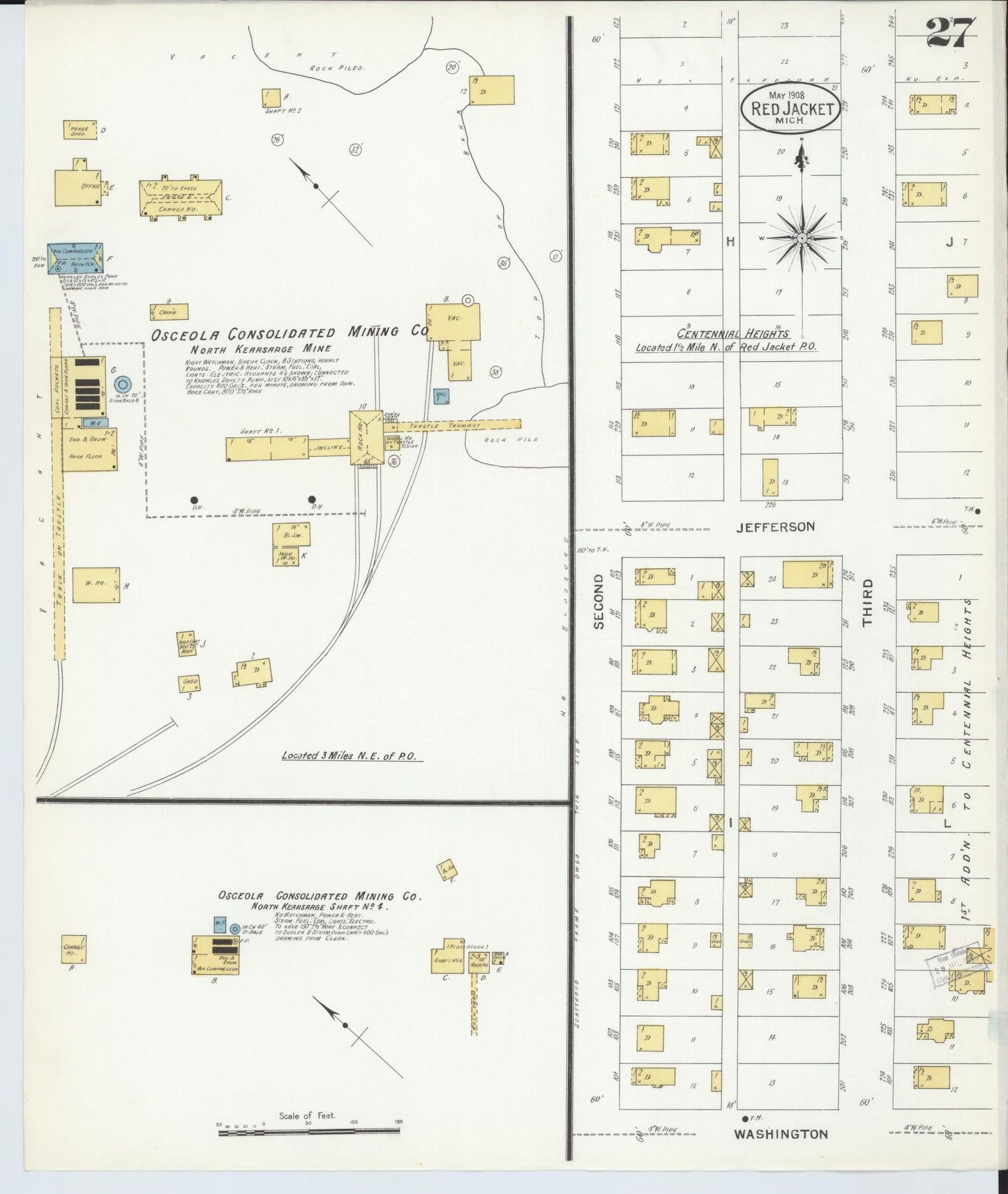 Sanborn Fire Insurance Map from Red Jacket, Houghton County, Michigan (1908), Sheet #0027 - Complete Map Set gallery image, historic Sanborn map, vintage wall art, Michigan Michigan