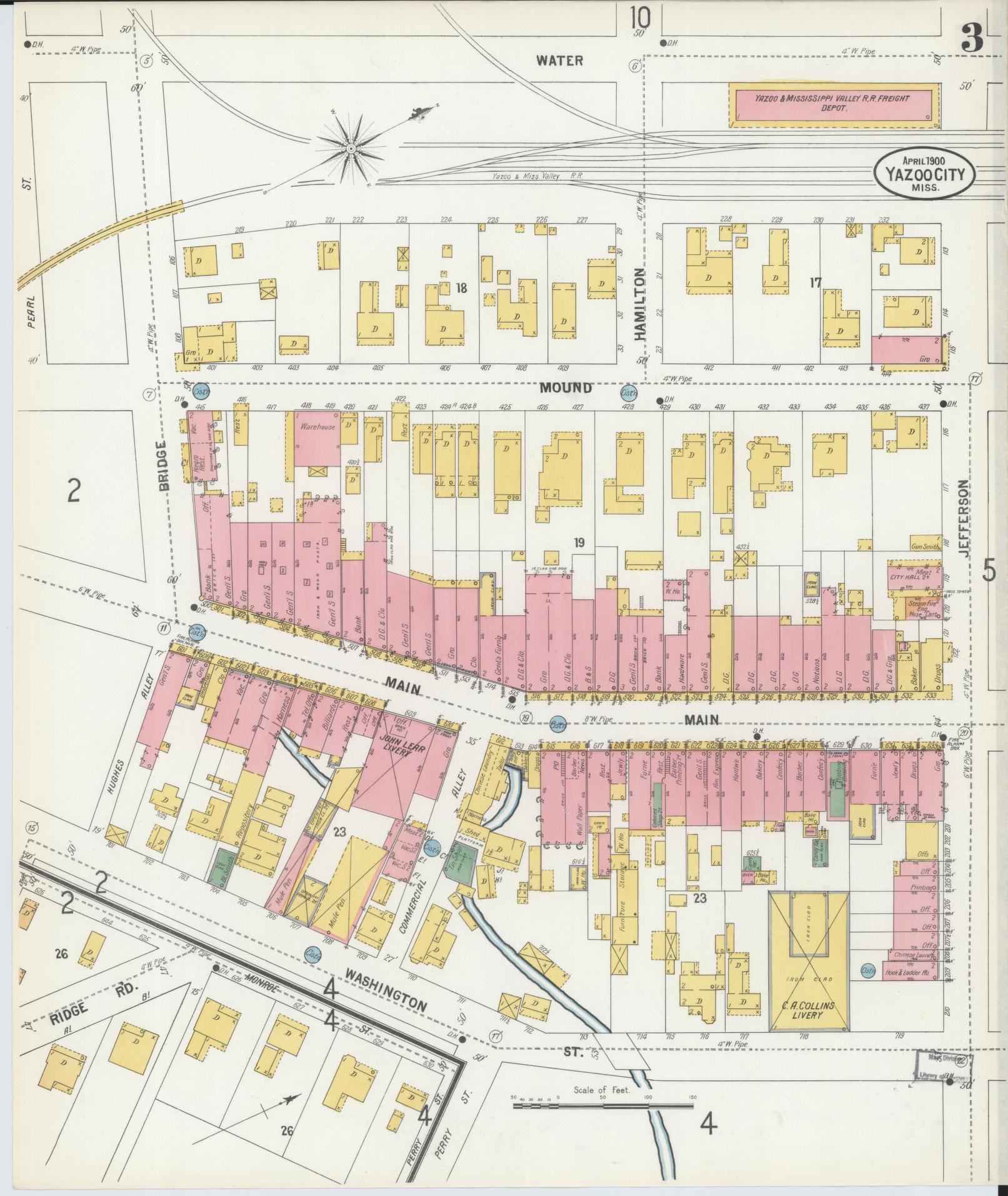 Sanborn Fire Insurance Map from Yazoo City, Yazoo County, Mississippi (1900), Sheet #0003 - Historic Sanborn Fire Insurance Map Print, vintage old map wall art, antique decor, genealogy gift, Mississippi Mississippi map