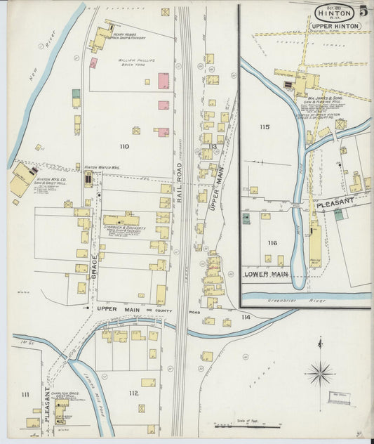Sanborn Fire Insurance Map from Hinton, Summer County, West Virginia (1893), Sheet #0005 - Historic Sanborn Fire Insurance Map Print, vintage old map wall art, antique decor, genealogy gift, West Virginia West Virginia map