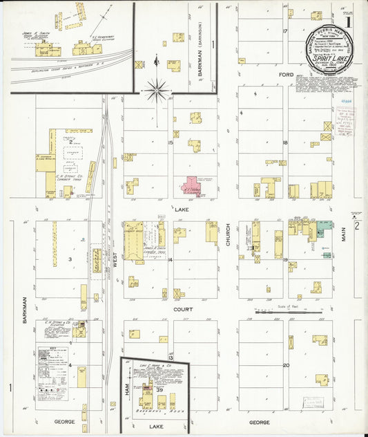Sanborn Fire Insurance Map from Spirit Lake, Dickinson County, Iowa (1900), Sheet #0001 - Historic Sanborn Fire Insurance Map Print, vintage old map wall art