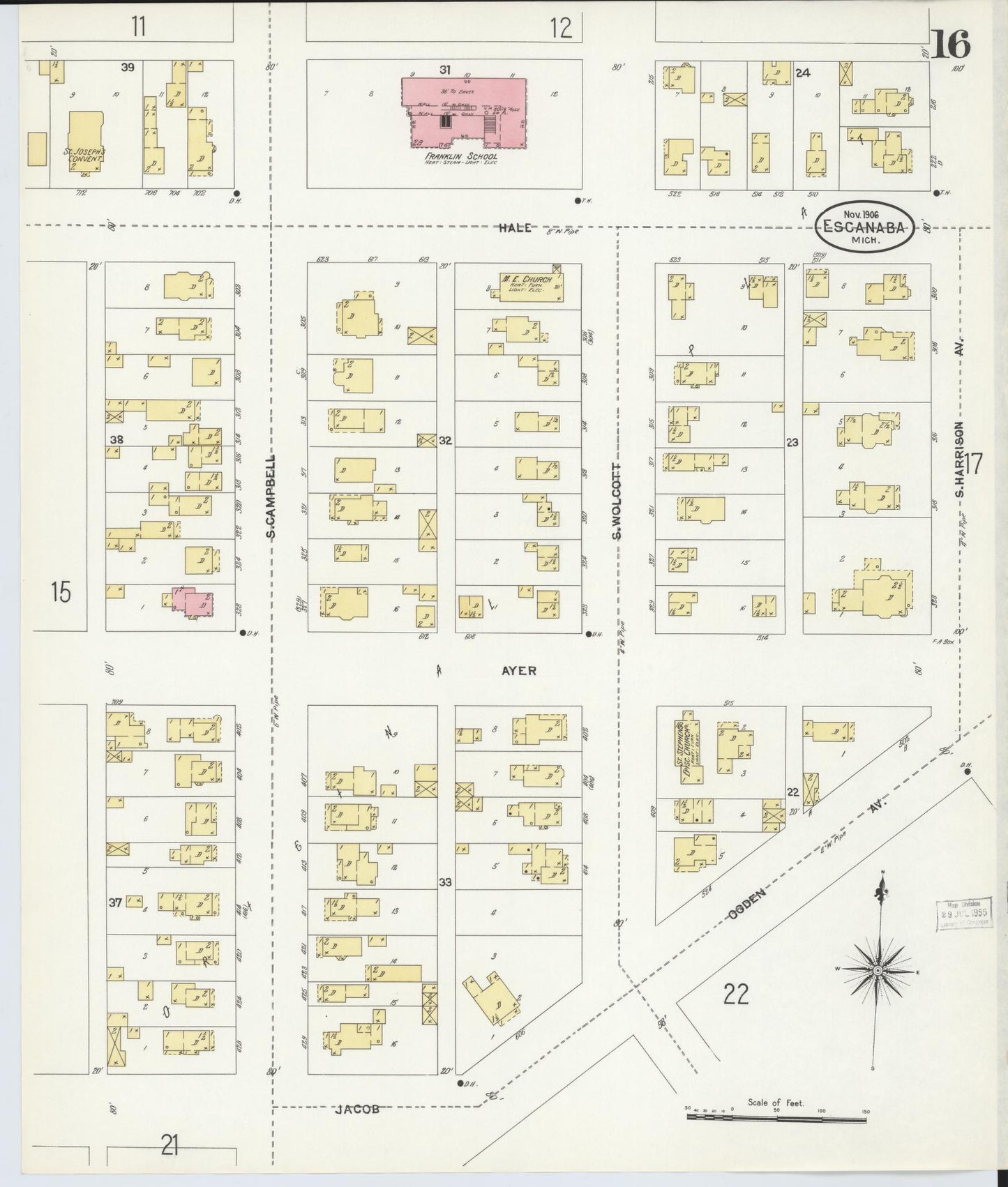 Sanborn Fire Insurance Map from Escanaba, Delta County, Michigan (1906), Sheet #0016 - Historic Sanborn Fire Insurance Map Print, vintage old map wall art, antique decor, genealogy gift, Michigan Michigan map