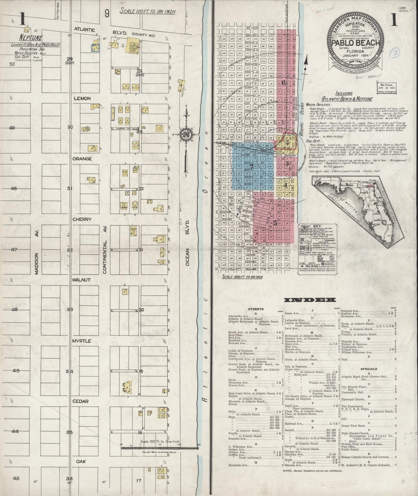 Sanborn Fire Insurance Map from Pablo Beach, Duval County, Florida (1924), Sheet #0001 - Complete Map Set gallery image, historic Sanborn map, vintage wall art, Florida Florida