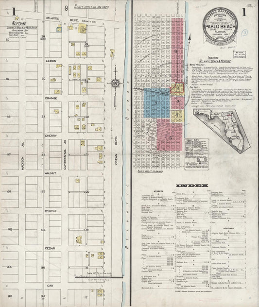 Sanborn Fire Insurance Map from Pablo Beach, Duval County, Florida (1924), Sheet #0001 - Complete Map Set gallery image, historic Sanborn map, vintage wall art, Florida Florida