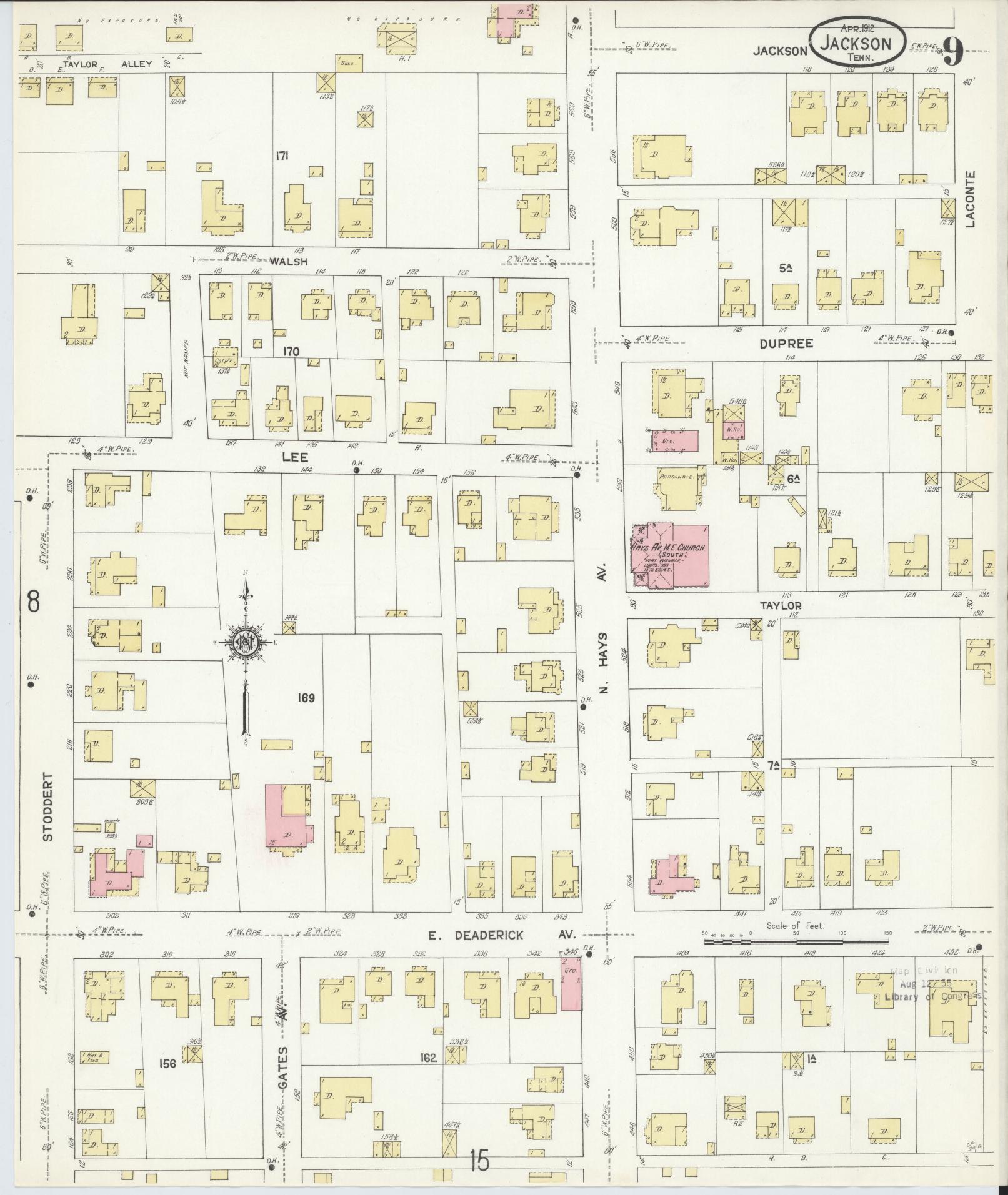 Sanborn Fire Insurance Map from Jackson, Madison County, Tennessee (1912), Sheet #0009 - Complete Map Set gallery image, historic Sanborn map, vintage wall art, Tennessee Tennessee