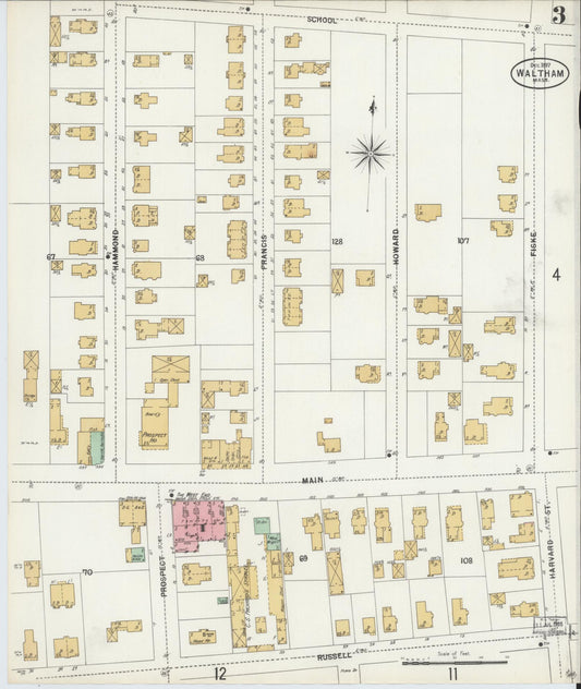 Sanborn Fire Insurance Map from Waltham, Middlesex County, Massachusetts (1897), Sheet #0003 - Historic Sanborn Fire Insurance Map Print, vintage old map wall art, antique decor, genealogy gift, Massachusetts Massachusetts map