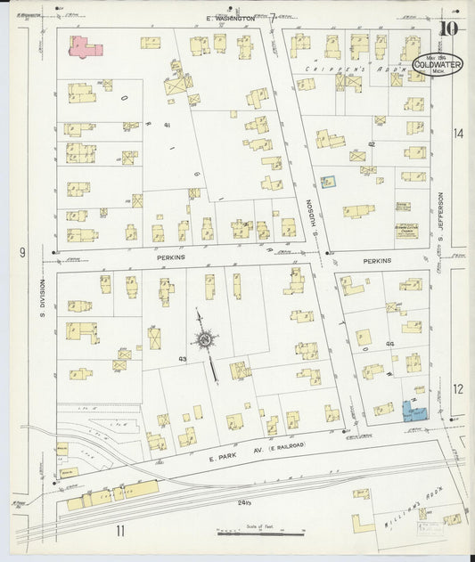 Sanborn Fire Insurance Map from Coldwater, Branch County, Michigan (1914), Sheet #0010 - Historic Sanborn Fire Insurance Map Print, vintage old map wall art, antique decor, genealogy gift, Michigan Michigan map
