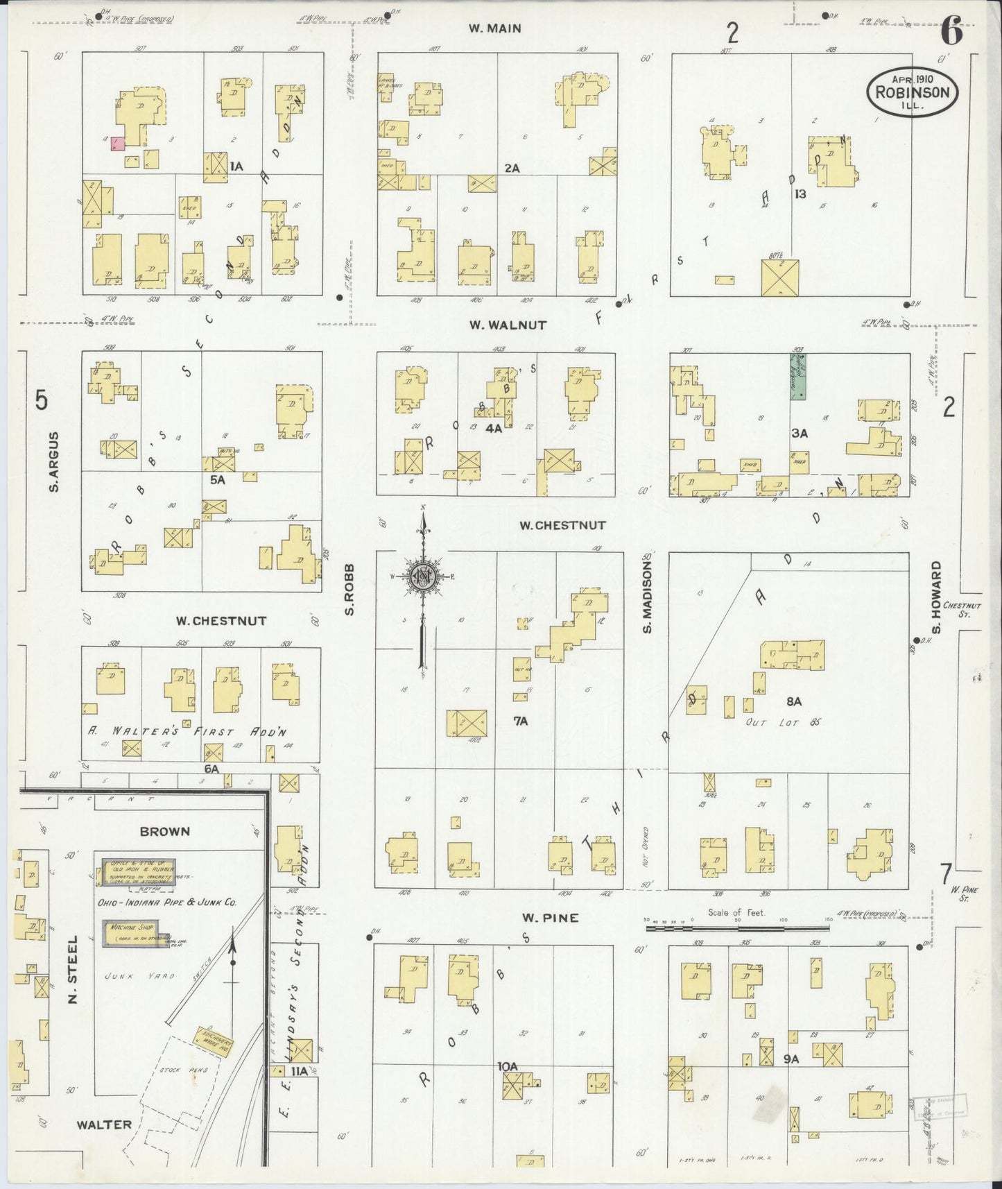 Sanborn Fire Insurance Map from Robinson, Crawford County, Illinois (1910), Sheet #0006 - Historic Sanborn Fire Insurance Map Print, vintage old map wall art, antique decor, genealogy gift, Illinois Illinois map