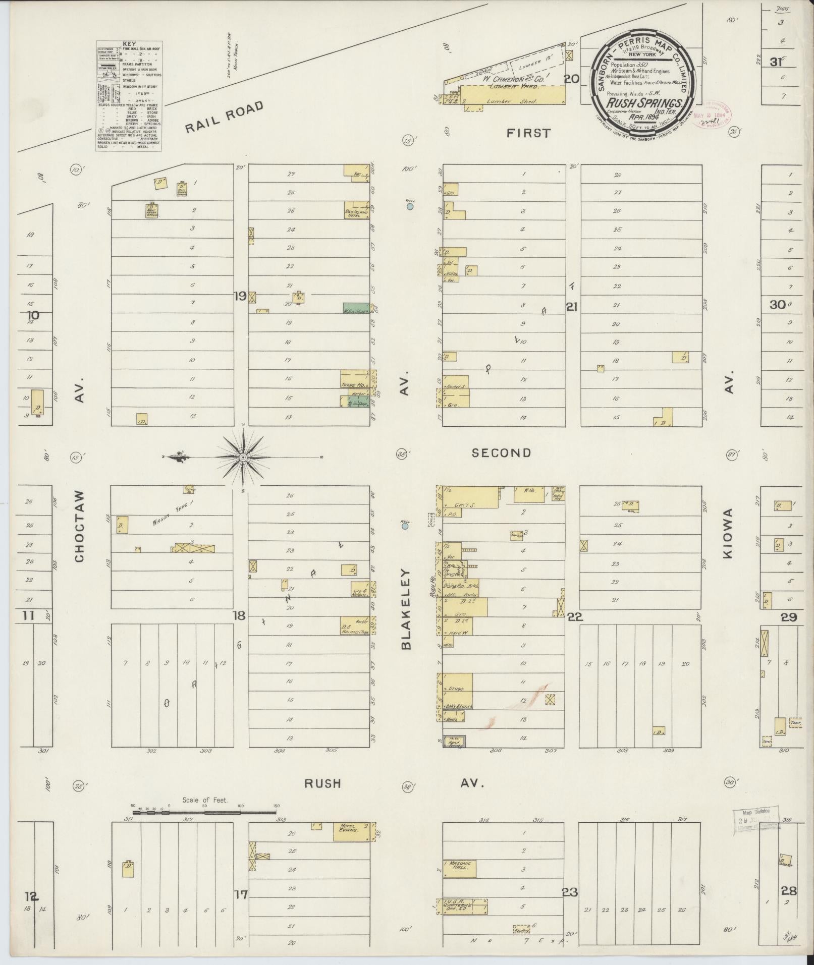 Sanborn Fire Insurance Map from Rush Springs, Grady County, Oklahoma (1894), Sheet #0001 - Historic Sanborn Fire Insurance Map Print, vintage old map wall art, antique decor, genealogy gift, Oklahoma Oklahoma map