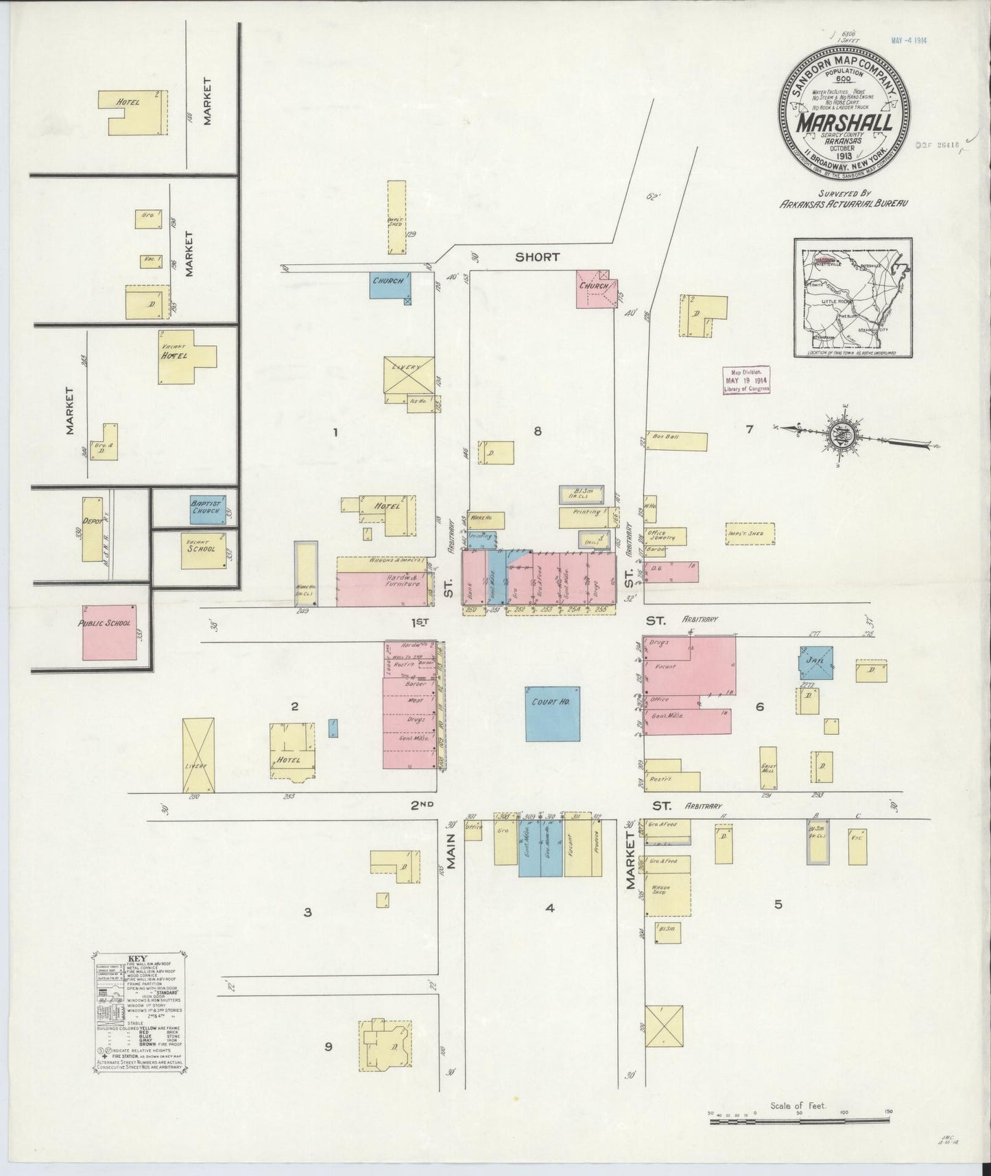 Sanborn Fire Insurance Map from Marshall, Searcy County, Arkansas (1913), Sheet #0001 - Historic Sanborn Fire Insurance Map Print, vintage old map wall art, antique decor, genealogy gift, Arkansas Arkansas map