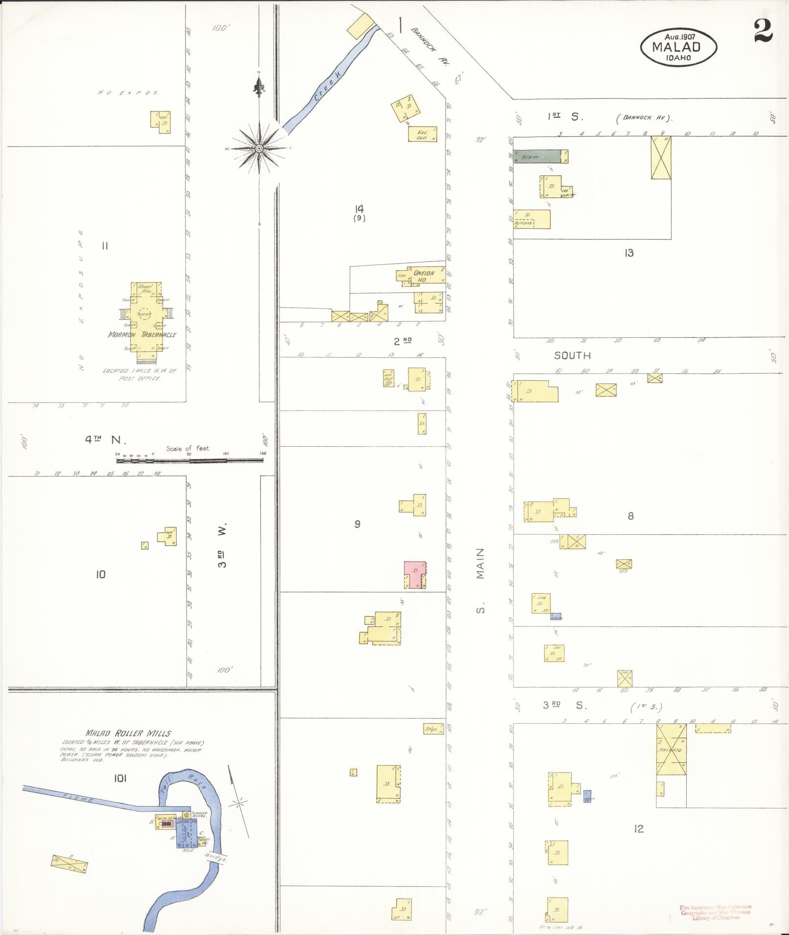 Sanborn Fire Insurance Map from Malad City, Oneida County, Idaho (1907), Sheet #0002 - Historic Sanborn Fire Insurance Map Print, vintage old map wall art, antique decor, genealogy gift, Idaho Idaho map