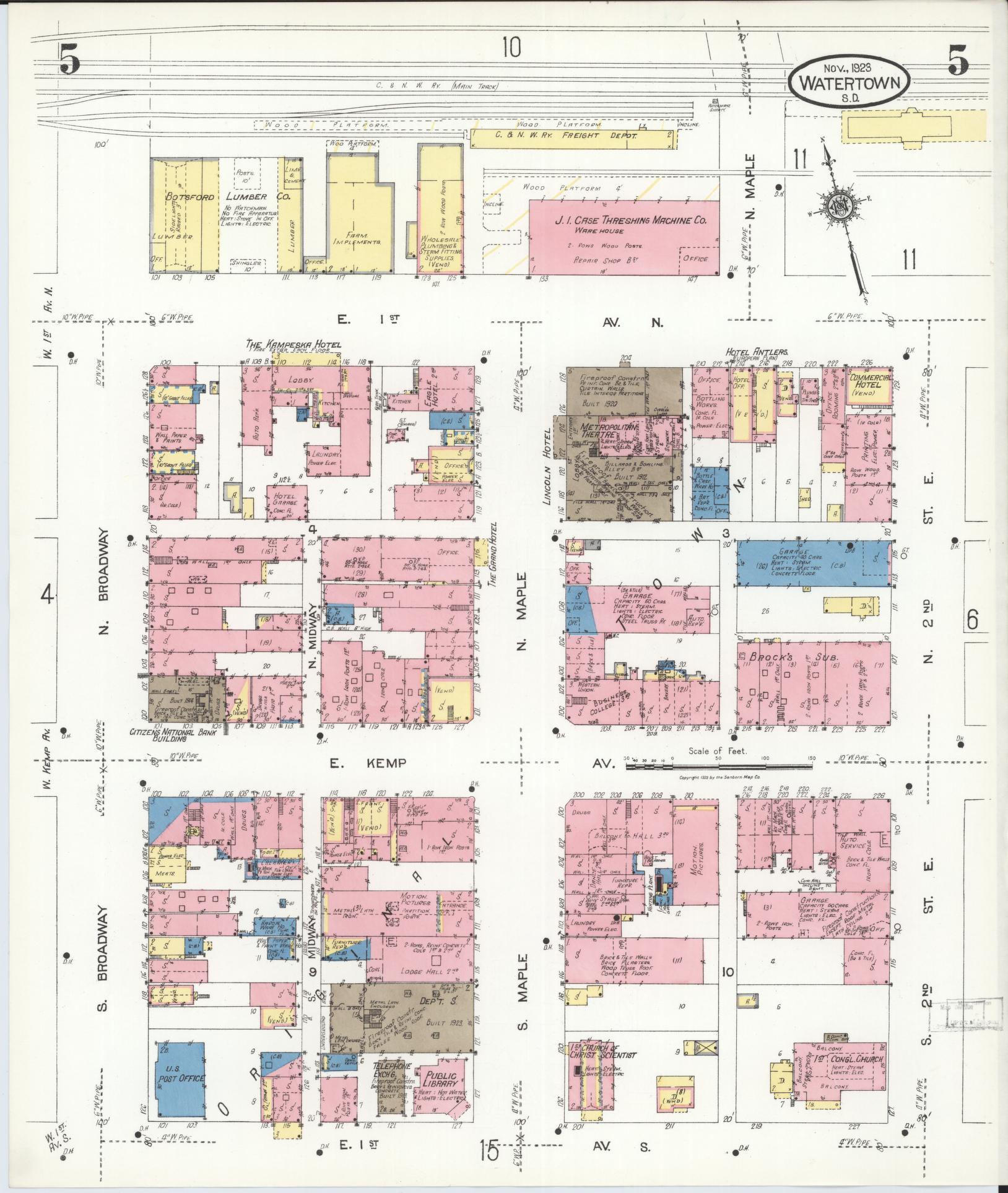 Sanborn Fire Insurance Map from Watertown, Codington County, South Dakota (1923), Sheet #0005 - Historic Sanborn Fire Insurance Map Print, vintage old map wall art, antique decor, genealogy gift, South Dakota South Dakota map