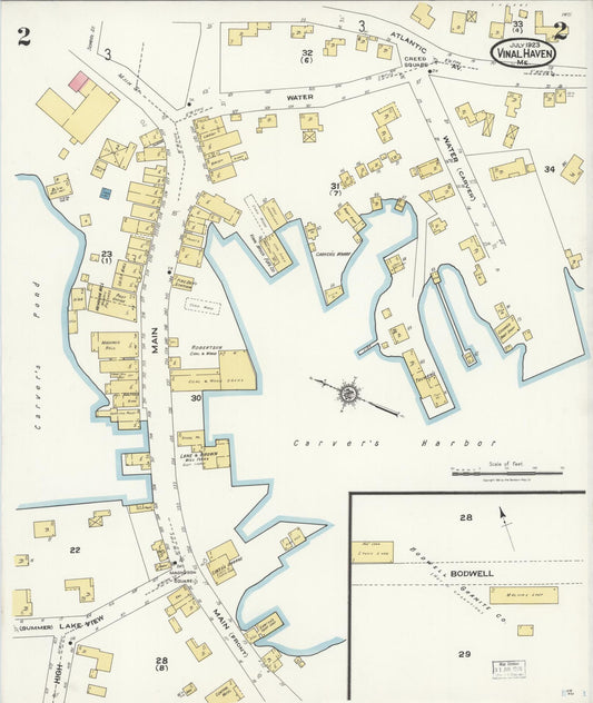 Sanborn Fire Insurance Map from Vinalhaven, Knox County, Maine (1923), Sheet #0002 - Historic Sanborn Fire Insurance Map Print, vintage old map wall art, antique decor, genealogy gift, Maine Maine map