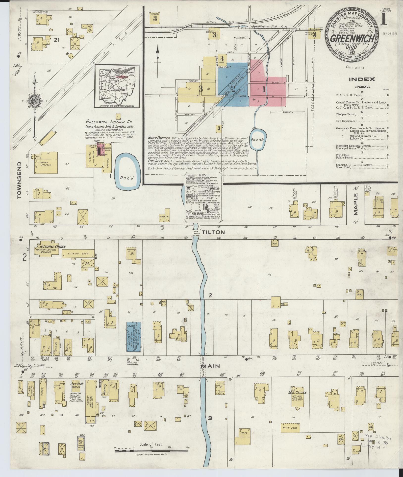 Sanborn Fire Insurance Map from Greenwich, Huron County, Ohio (1921), Sheet #0001 - Historic Sanborn Fire Insurance Map Print, vintage old map wall art, antique decor, genealogy gift, Ohio Ohio map