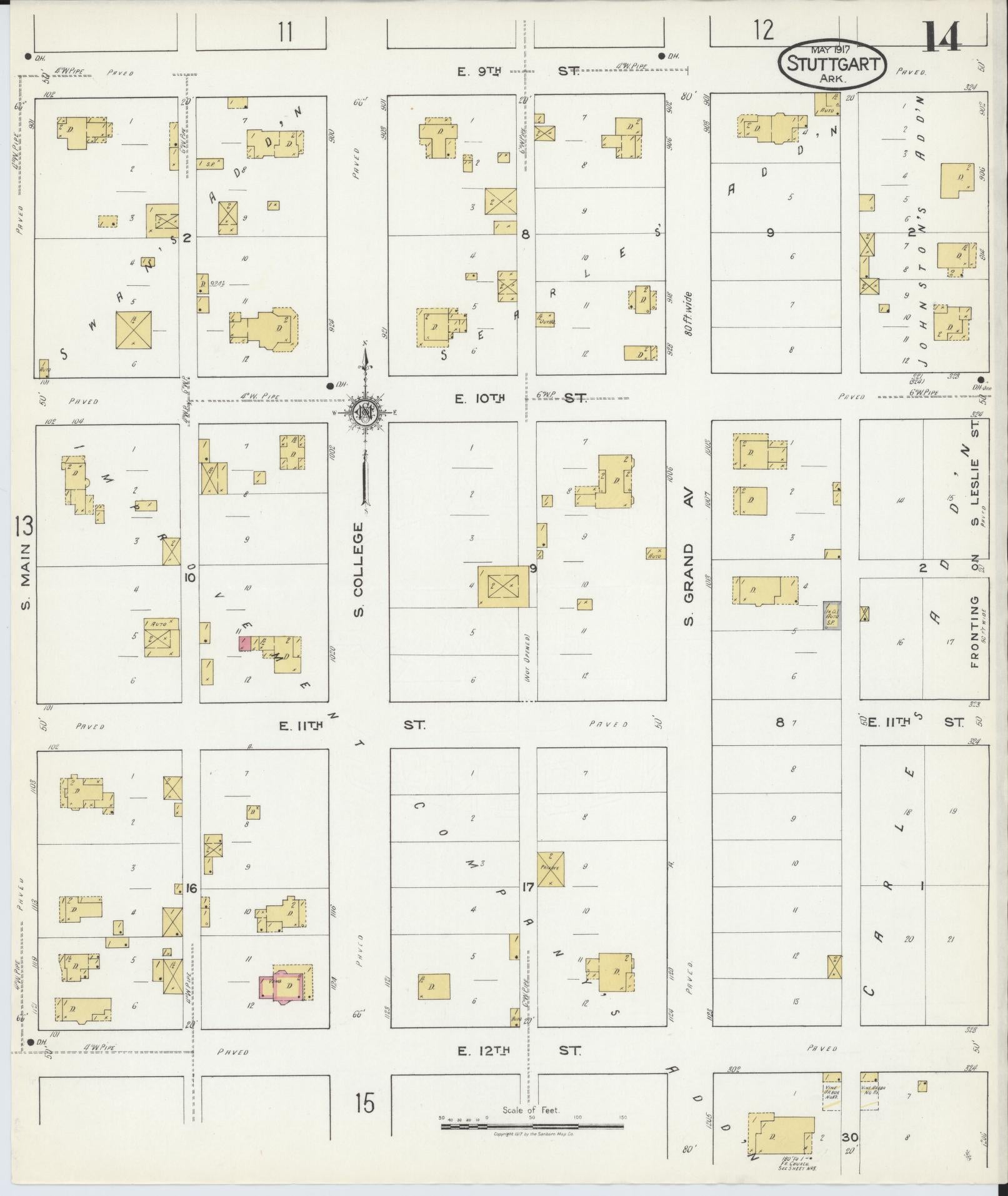 Sanborn Fire Insurance Map from Stuttgart, Arkansas County, Arkansas (1917), Sheet #0014 - Historic Sanborn Fire Insurance Map Print, vintage old map wall art, antique decor, genealogy gift, Stuttgart Arkansas map