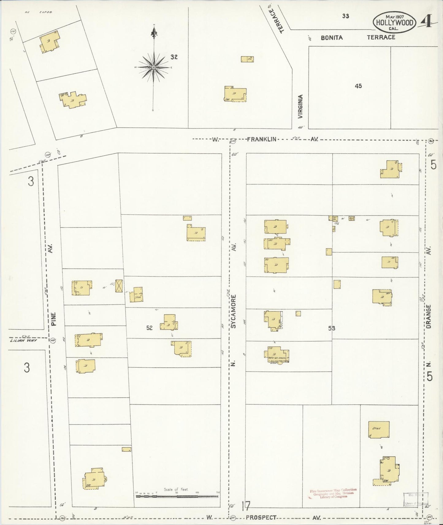 Sanborn Fire Insurance Map from Hollywood, Los Angeles County, California (1907), Sheet #0004 - Complete Map Set gallery image, historic Sanborn map, vintage wall art, California California