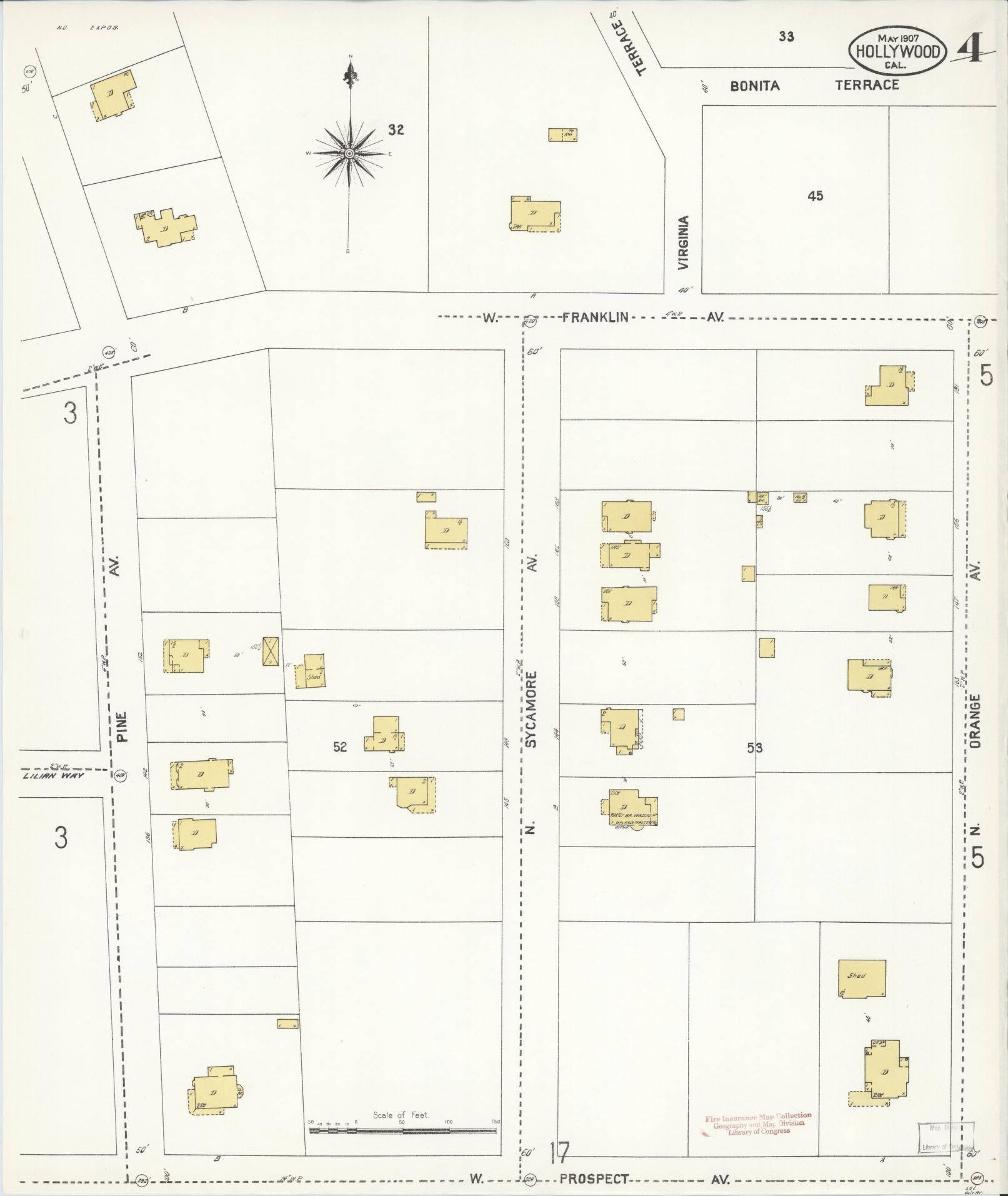 Sanborn Fire Insurance Map from Hollywood, Los Angeles County, California (1907), Sheet #0004 - Complete Map Set gallery image, historic Sanborn map, vintage wall art, California California