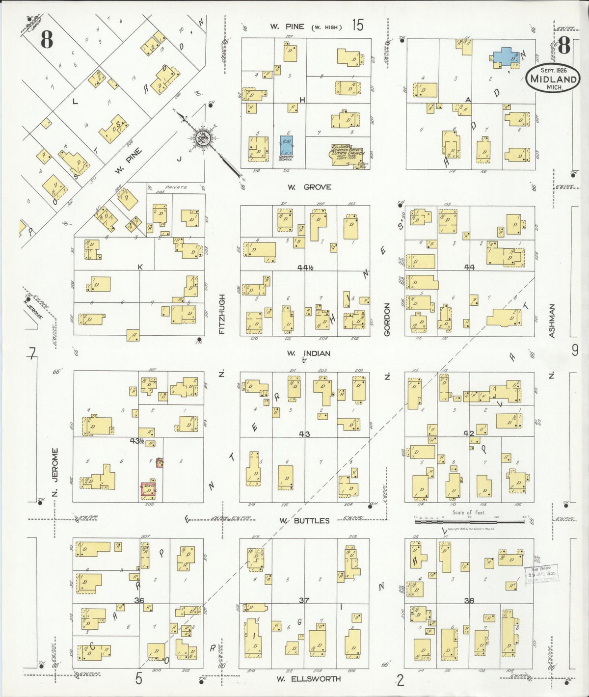 Sanborn Fire Insurance Map from Midland, Midland County, Michigan (1926), Sheet #0008 - Historic Sanborn Fire Insurance Map Print, vintage old map wall art, antique decor, genealogy gift, Michigan Michigan map