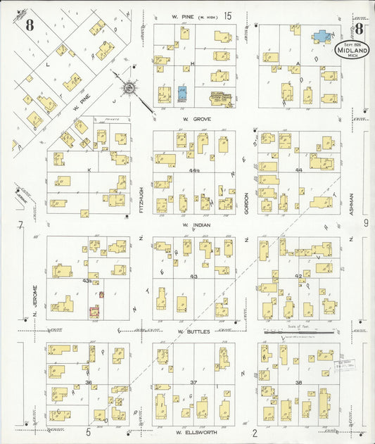 Sanborn Fire Insurance Map from Midland, Midland County, Michigan (1926), Sheet #0008 - Historic Sanborn Fire Insurance Map Print, vintage old map wall art, antique decor, genealogy gift, Michigan Michigan map