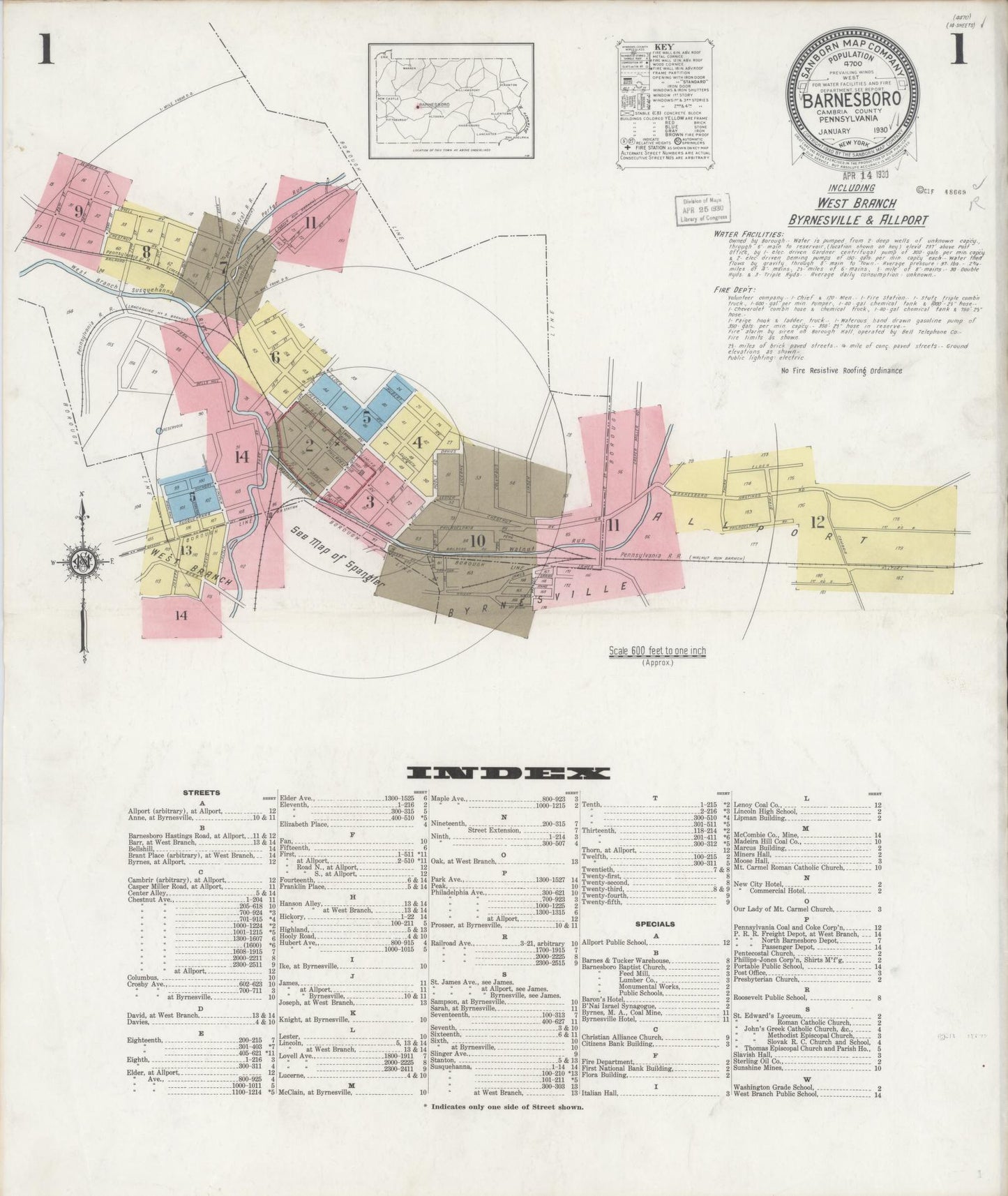 Sanborn Fire Insurance Map from Barnesboro, Cambria County, Pennsylvania (1930), Sheet #0001 - Historic Sanborn Fire Insurance Map Print, vintage old map wall art, antique decor, genealogy gift, Pennsylvania Pennsylvania map