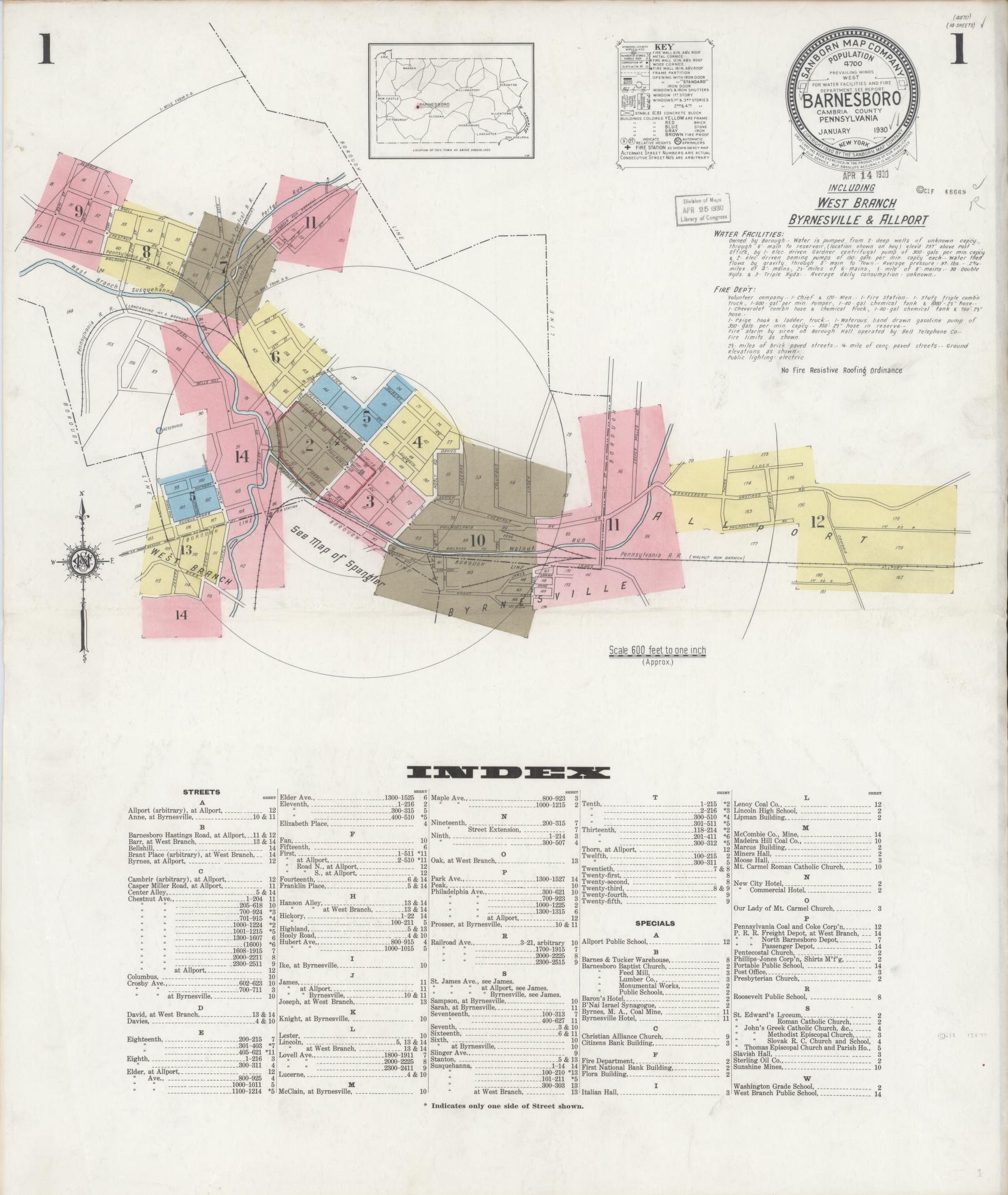 Sanborn Fire Insurance Map from Barnesboro, Cambria County, Pennsylvania (1930), Sheet #0001 - Historic Sanborn Fire Insurance Map Print, vintage old map wall art, antique decor, genealogy gift, Pennsylvania Pennsylvania map