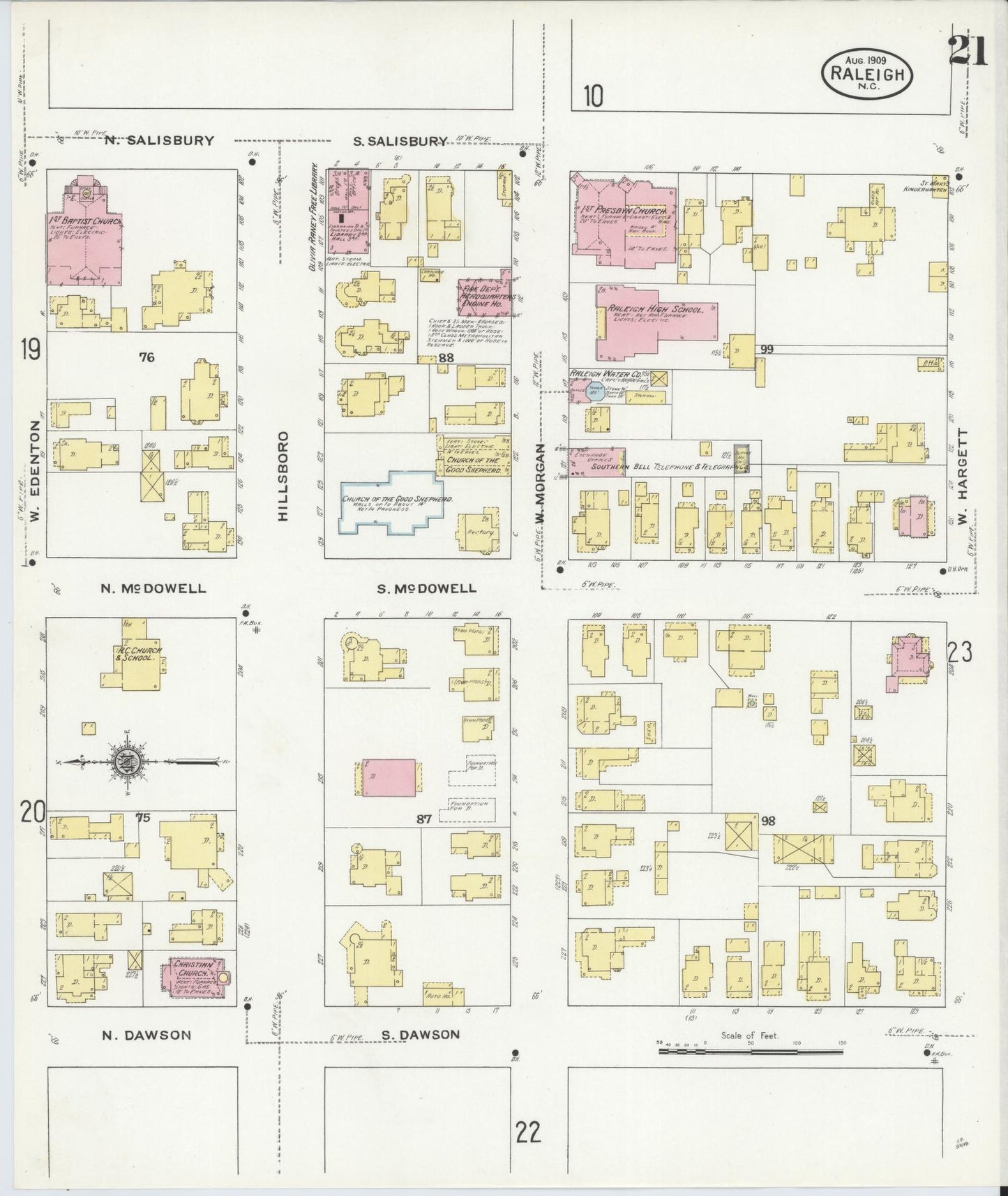 Sanborn Fire Insurance Map from Raleigh, Wake County, North Carolina (1909), Sheet #0021 - Historic Sanborn Fire Insurance Map Print, vintage old map wall art, antique decor, genealogy gift, North Carolina North Carolina map