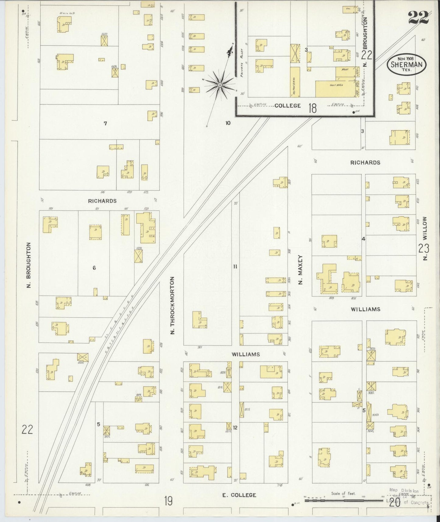 Sanborn Fire Insurance Map from Sherman, Grayson County, Texas (1908), Sheet #0022 - Historic Sanborn Fire Insurance Map Print, vintage old map wall art, antique decor, genealogy gift, Texas Texas map