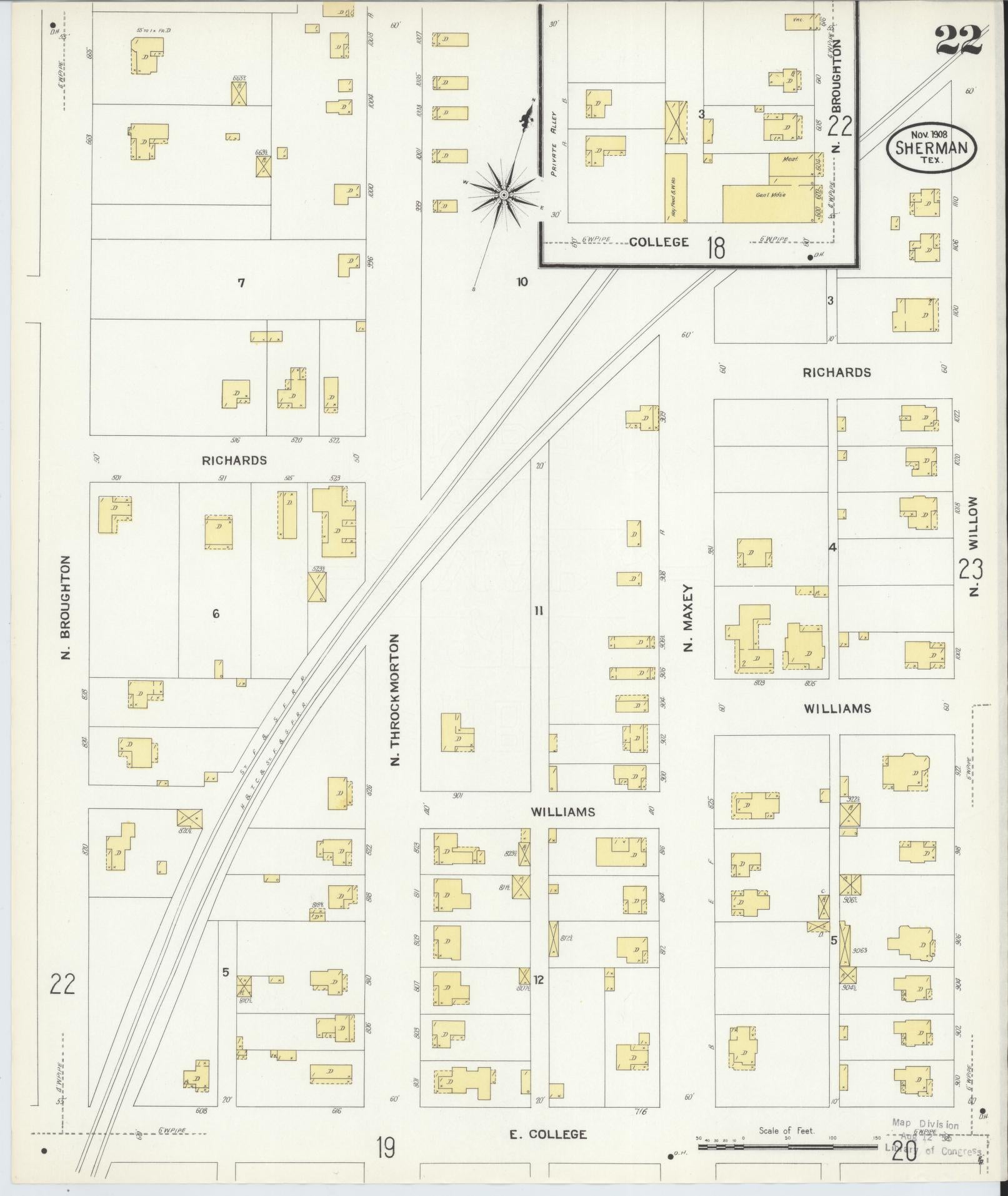 Sanborn Fire Insurance Map from Sherman, Grayson County, Texas (1908), Sheet #0022 - Historic Sanborn Fire Insurance Map Print, vintage old map wall art, antique decor, genealogy gift, Texas Texas map