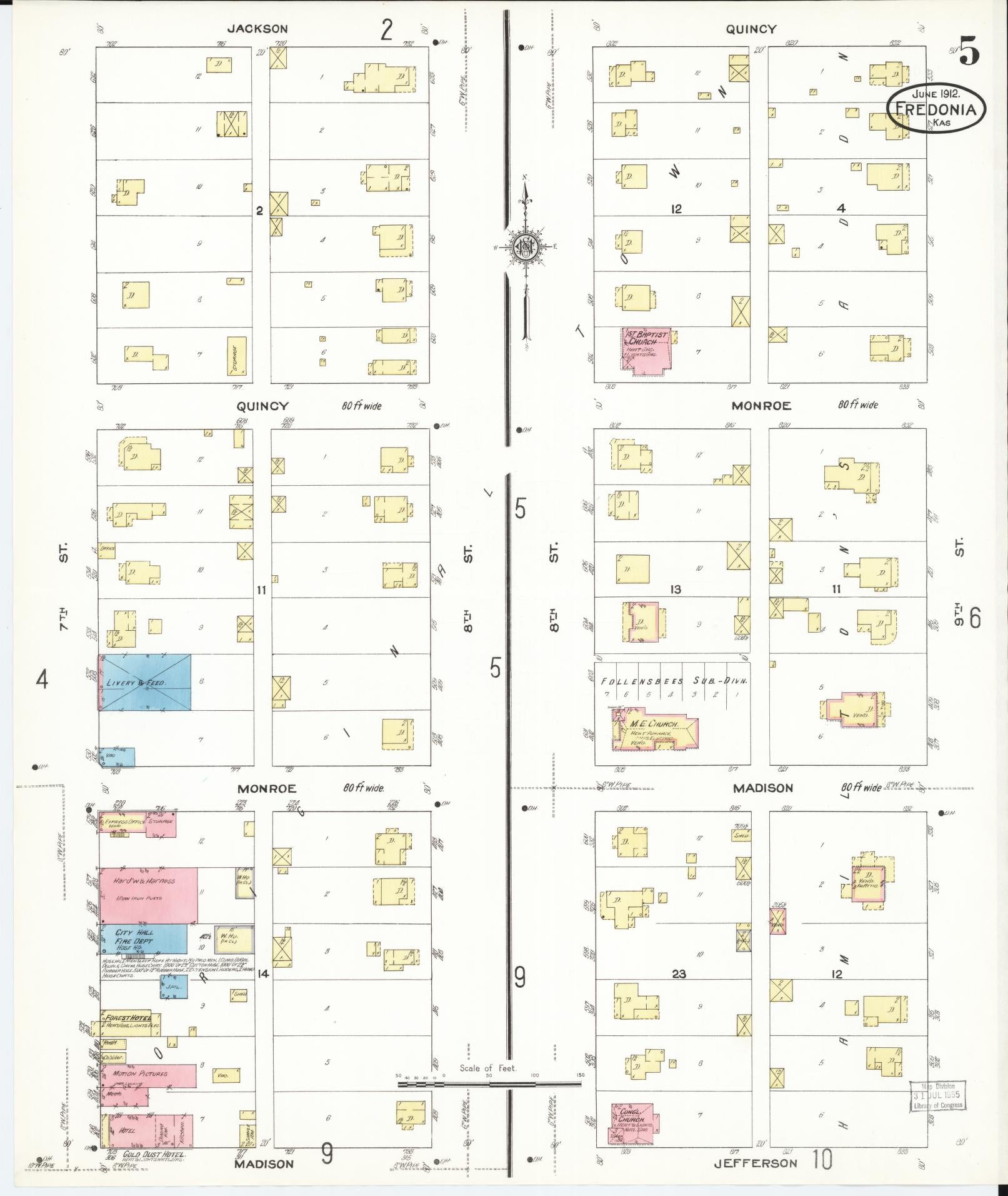 Sanborn Fire Insurance Map from Fredonia, Wilson County, Kansas (1912), Sheet #0005 - Complete Map Set gallery image, historic Sanborn map, vintage wall art, Kansas Kansas