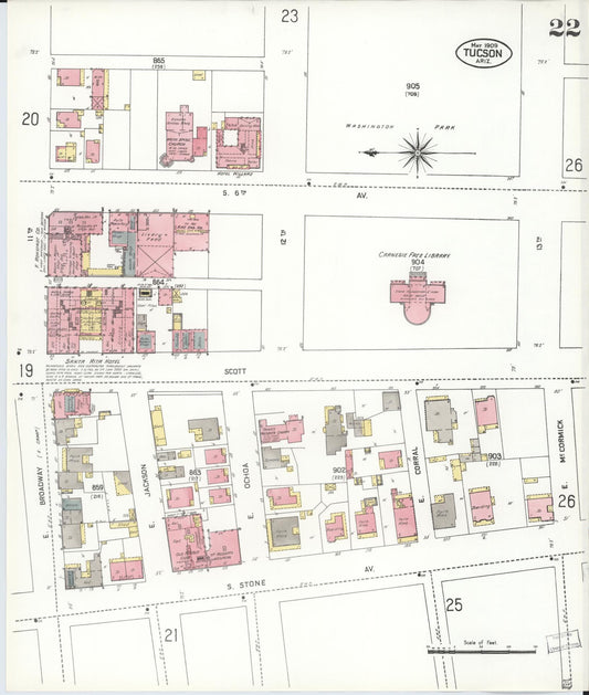 Sanborn Fire Insurance Map from Tucson, Pima County, Arizona (1909), Sheet #0022 - Historic Sanborn Fire Insurance Map Print, vintage old map wall art, antique decor, genealogy gift, Arizona Arizona map