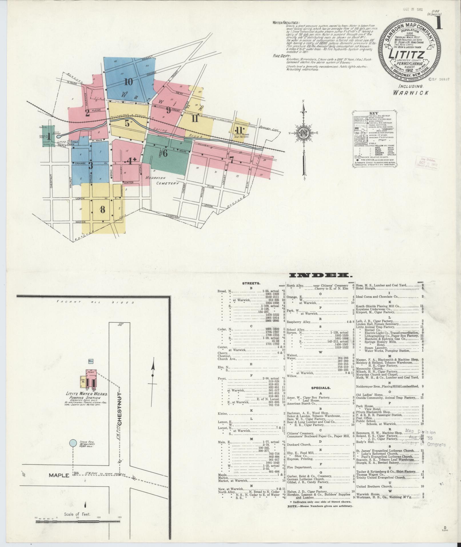 Sanborn Fire Insurance Map from Lititz, Lancaster County, Pennsylvania (1912), Sheet #0001 - Complete Map Set gallery image, historic Sanborn map, vintage wall art, Pennsylvania Pennsylvania
