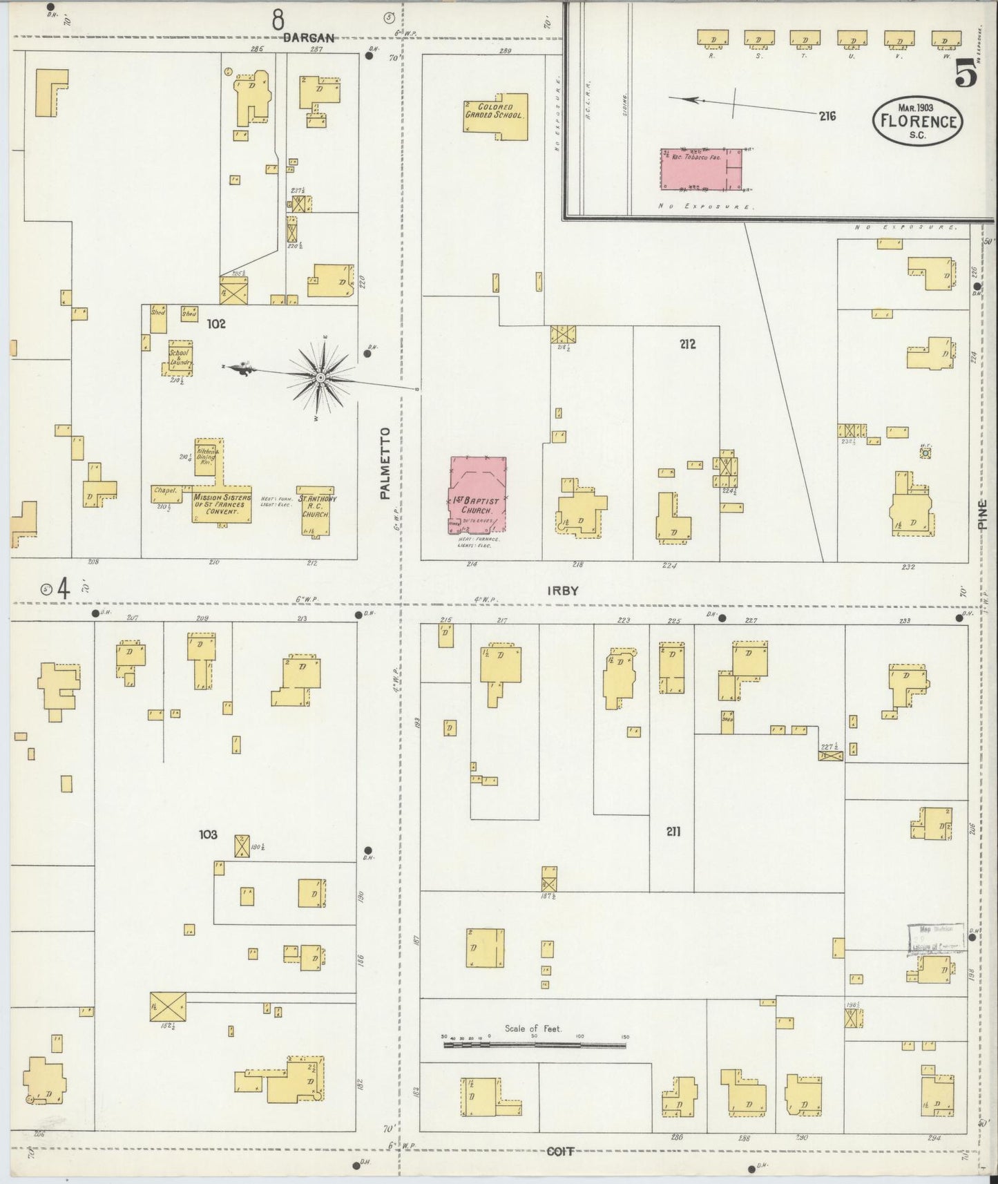 Sanborn Fire Insurance Map from Florence, Florence County, South Carolina (1903), Sheet #0005 - Historic Sanborn Fire Insurance Map Print, vintage old map wall art, antique decor, genealogy gift, South Carolina South Carolina map