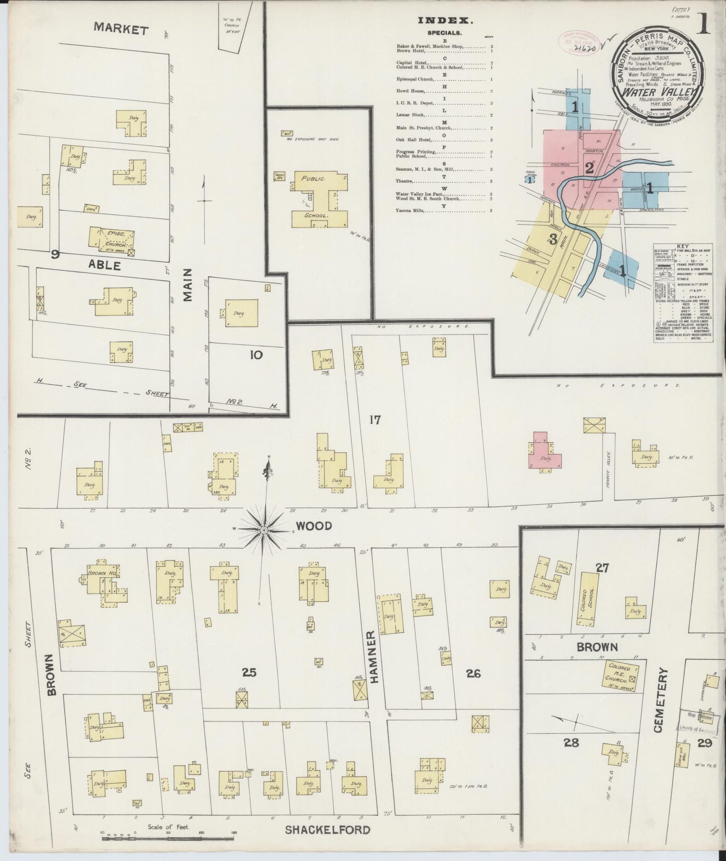 Sanborn Fire Insurance Map from Water Valley, Yalobusha County, Mississippi (1890), Sheet #0001 - Historic Sanborn Fire Insurance Map Print, vintage old map wall art, antique decor, genealogy gift, Mississippi Mississippi map