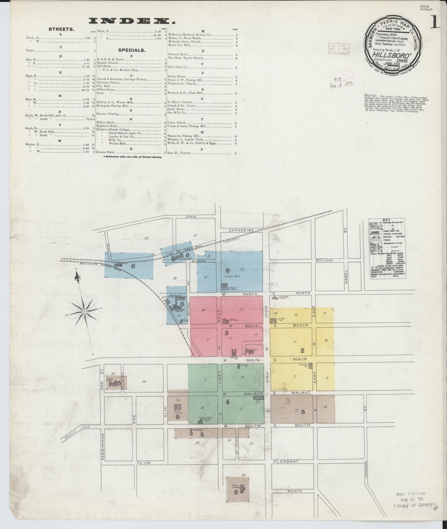 Sanborn Fire Insurance Map from Hillsboro, Highland County, Ohio (1893), Sheet #0001 - Complete Map Set gallery image, historic Sanborn map, vintage wall art, Ohio Ohio