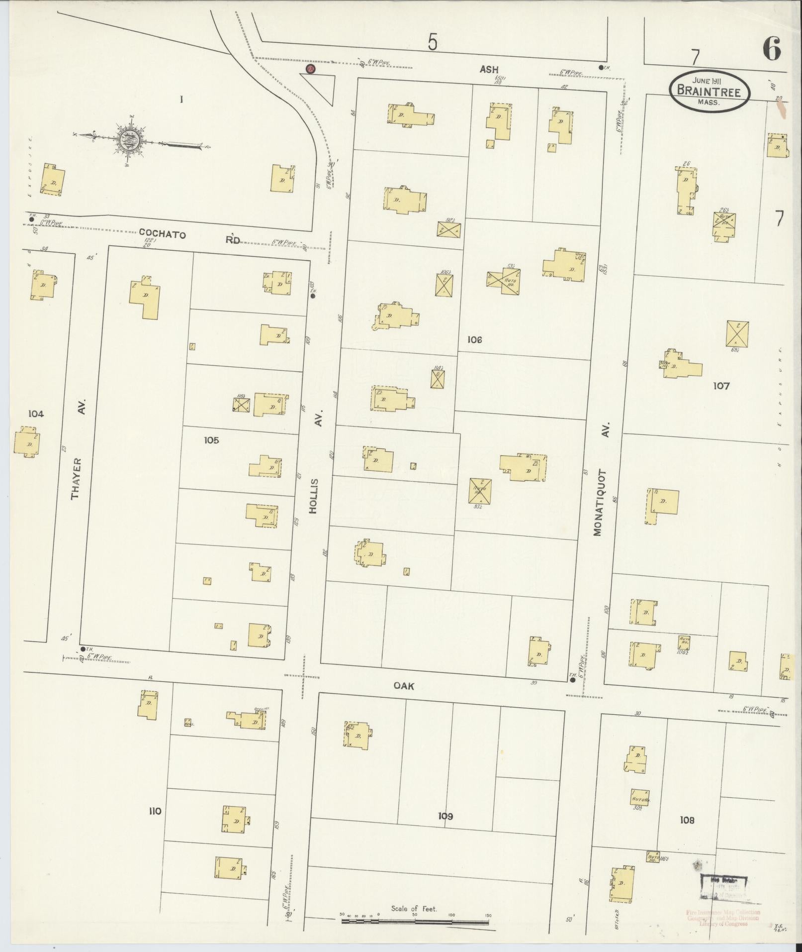 Sanborn Fire Insurance Map from Braintree, Norfolk County, Massachusetts (1911), Sheet #0006 - Historic Sanborn Fire Insurance Map Print, vintage old map wall art, antique decor, genealogy gift, Massachusetts Massachusetts map