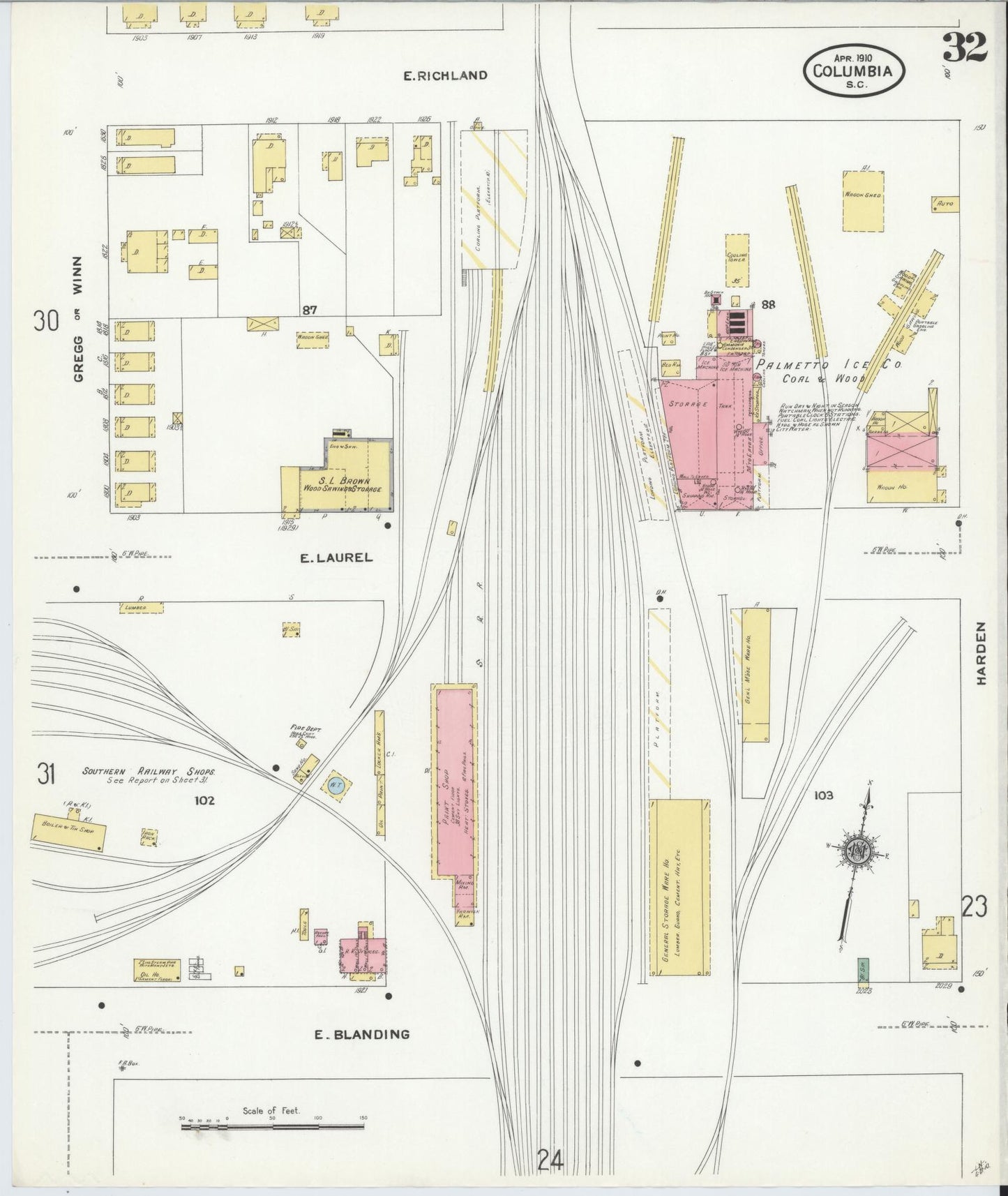 Sanborn Fire Insurance Map from Columbia, Richland County, South Carolina (1910), Sheet #0032 - Historic Sanborn Fire Insurance Map Print, vintage old map wall art, antique decor, genealogy gift, South Carolina South Carolina map