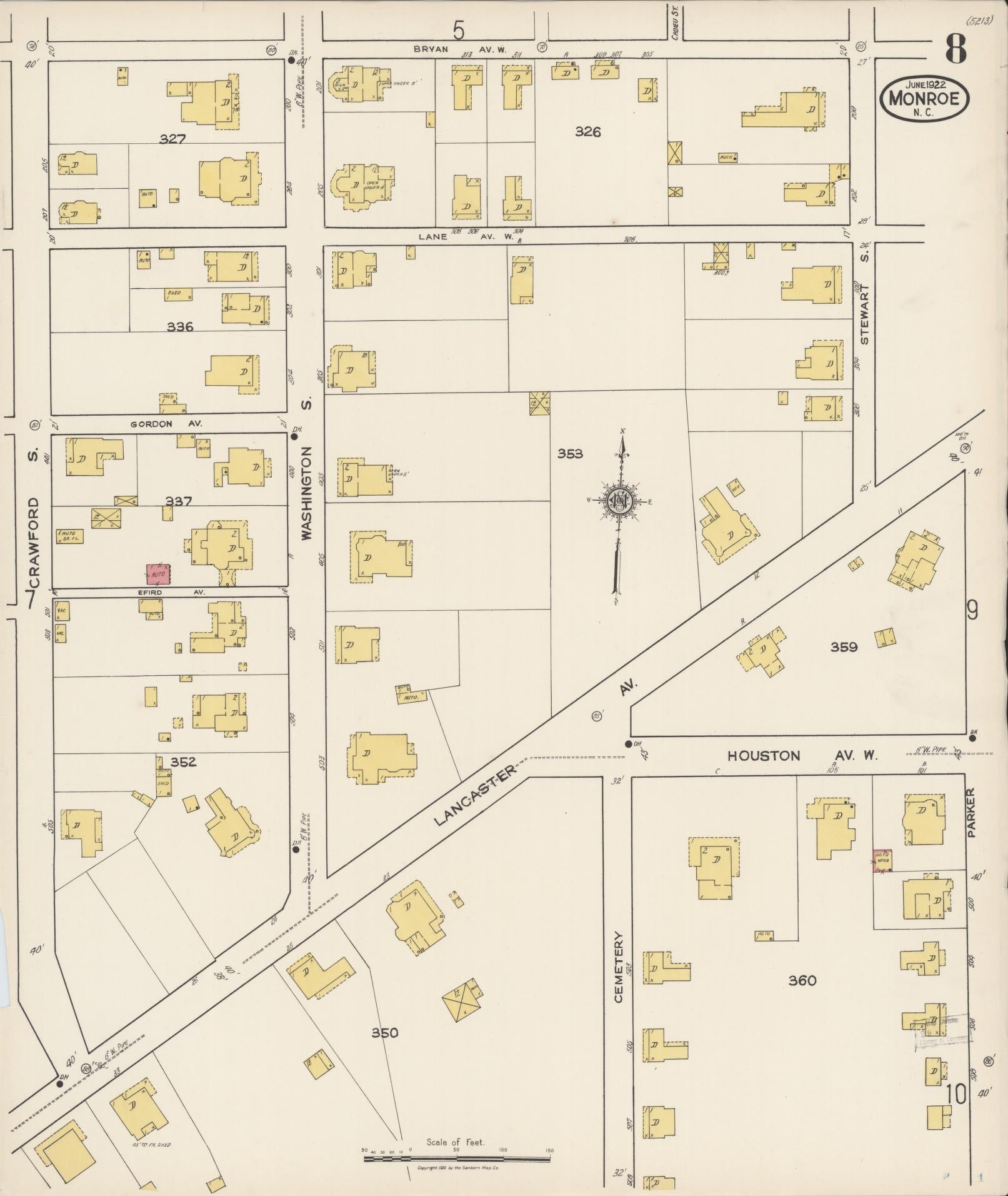 Sanborn Fire Insurance Map from Monroe, Union County, North Carolina (1922), Sheet #0008 - Complete Map Set gallery image, historic Sanborn map, vintage wall art, North Carolina North Carolina