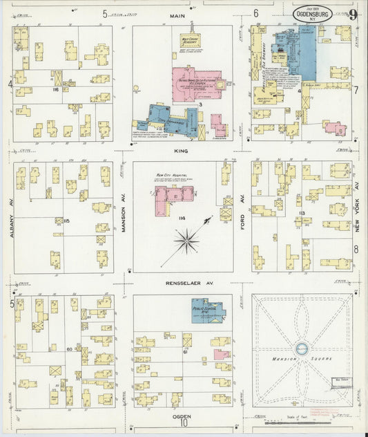 Sanborn Fire Insurance Map from Ogdensburg, St. Lawrence County, New York (1909), Sheet #0009 - Historic Sanborn Fire Insurance Map Print, vintage old map wall art, antique decor, genealogy gift, New York New York map