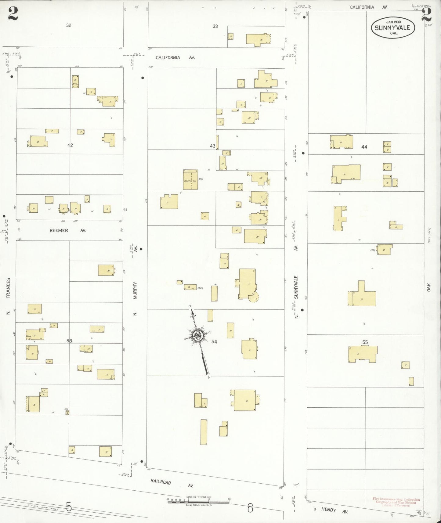 Sanborn Fire Insurance Map from Sunnyvale, Santa Clara County, California (1930), Sheet #0002 - Complete Map Set gallery image, historic Sanborn map, vintage wall art, California California
