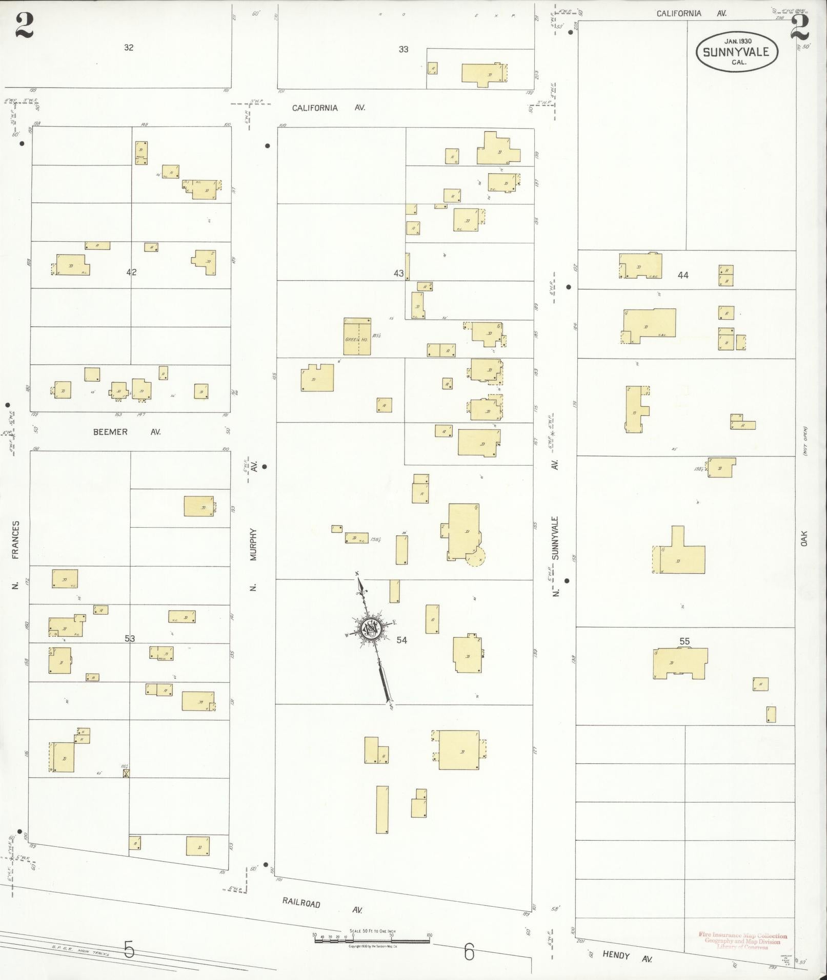 Sanborn Fire Insurance Map from Sunnyvale, Santa Clara County, California (1930), Sheet #0002 - Complete Map Set gallery image, historic Sanborn map, vintage wall art, California California