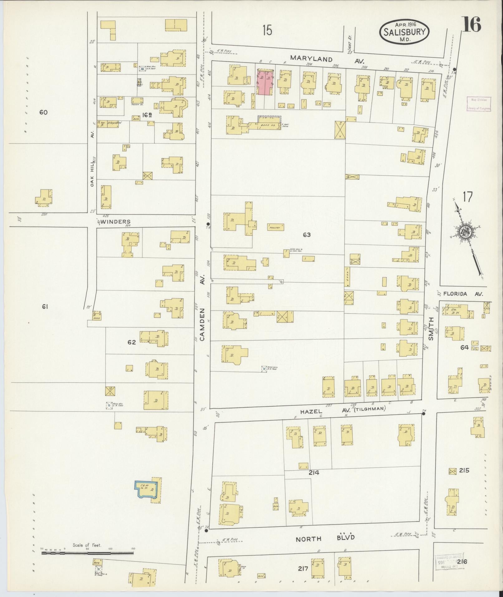Sanborn Fire Insurance Map from Salisbury, Wicomico County, Maryland (1916), Sheet #0016 - Historic Sanborn Fire Insurance Map Print, vintage old map wall art